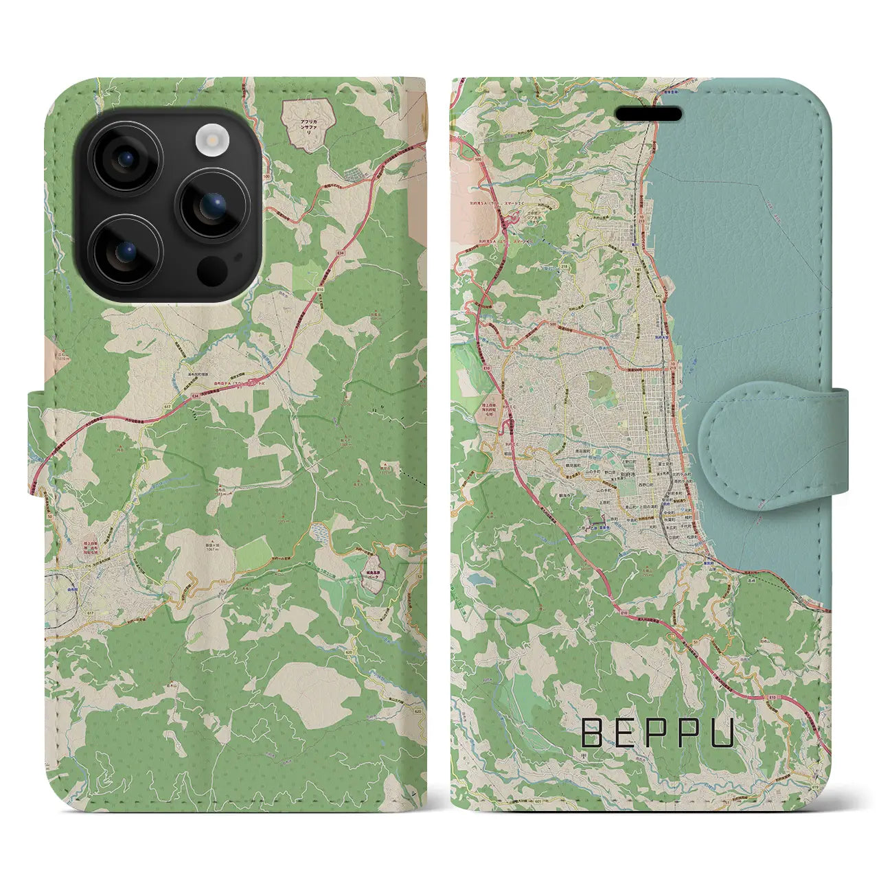 【別府(大分県)】地図柄iPhoneケース(手帳タイプ)ナチュラル・iPhone 16 用