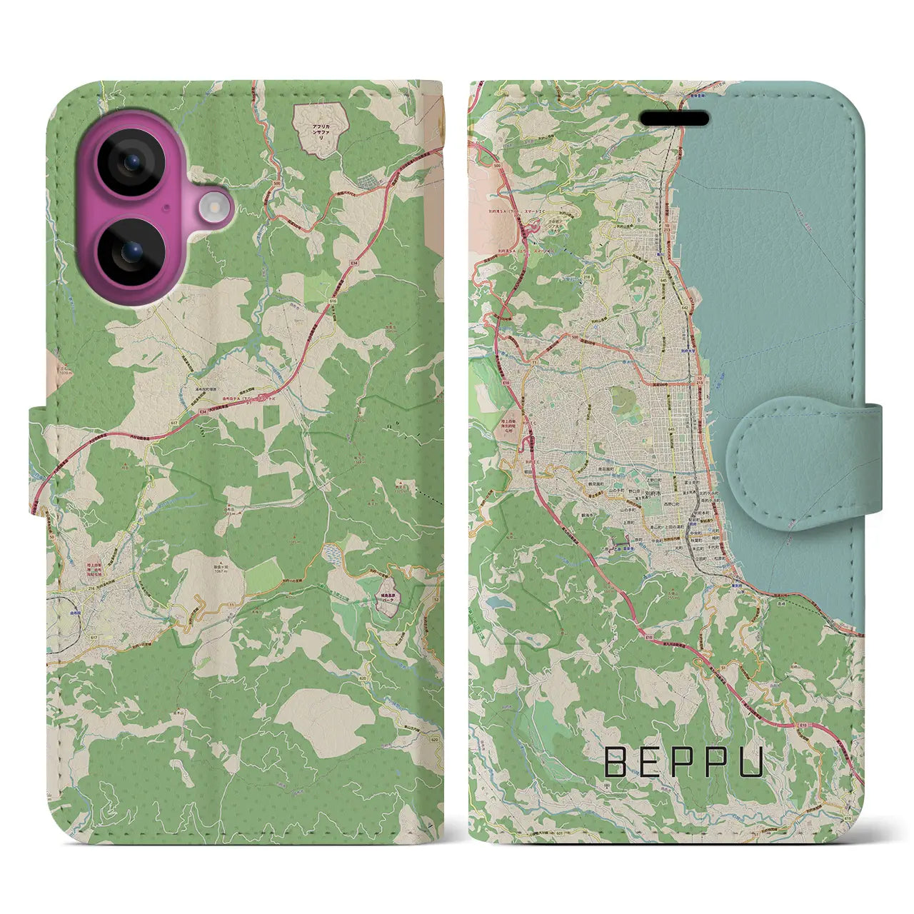 【別府(大分県)】地図柄iPhoneケース(手帳タイプ)ナチュラル・iPhone 16 Pro 用