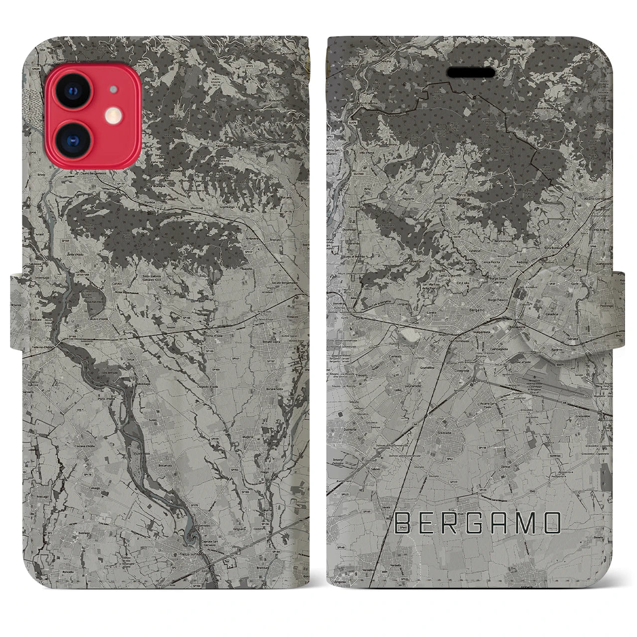 【ベルガモ(イタリア)】地図柄iPhoneケース(手帳タイプ)モノトーン・iPhone 11 用