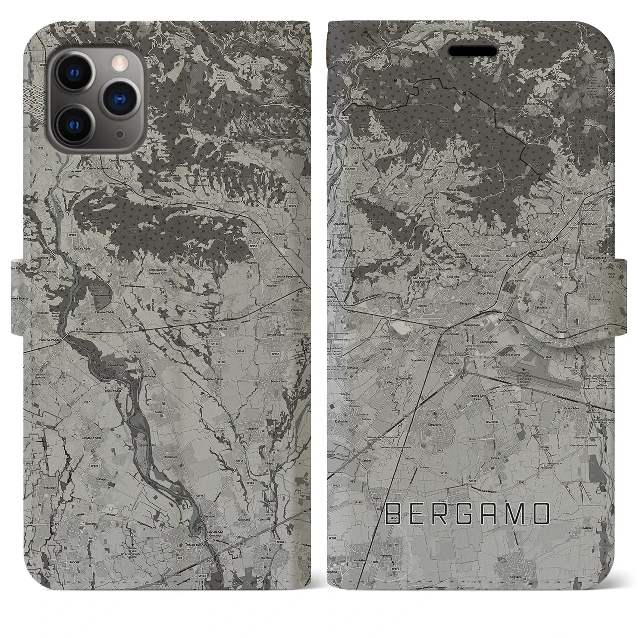 【ベルガモ(イタリア)】地図柄iPhoneケース(手帳タイプ)モノトーン・iPhone 11 Pro Max 用