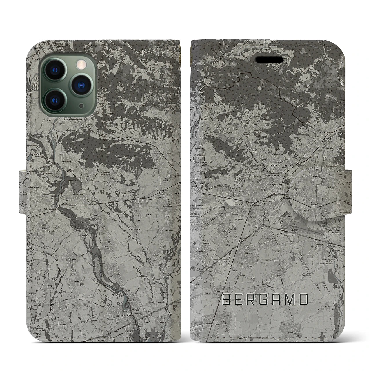 【ベルガモ(イタリア)】地図柄iPhoneケース(手帳タイプ)モノトーン・iPhone 11 Pro 用