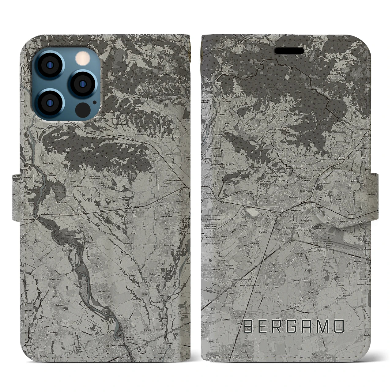 【ベルガモ(イタリア)】地図柄iPhoneケース(手帳タイプ)モノトーン・iPhone 12 / 12 Pro 用