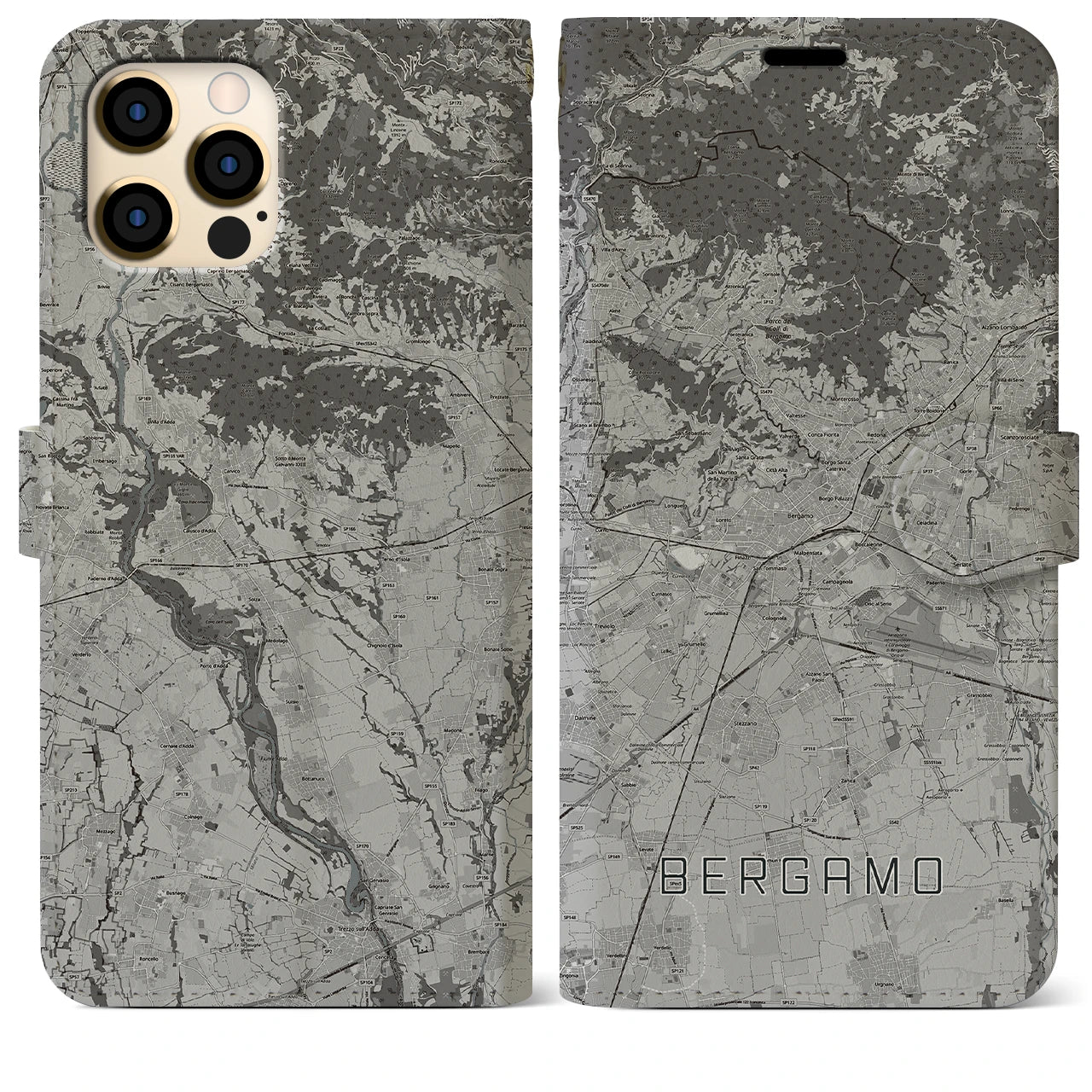 【ベルガモ(イタリア)】地図柄iPhoneケース(手帳タイプ)モノトーン・iPhone 12 Pro Max 用