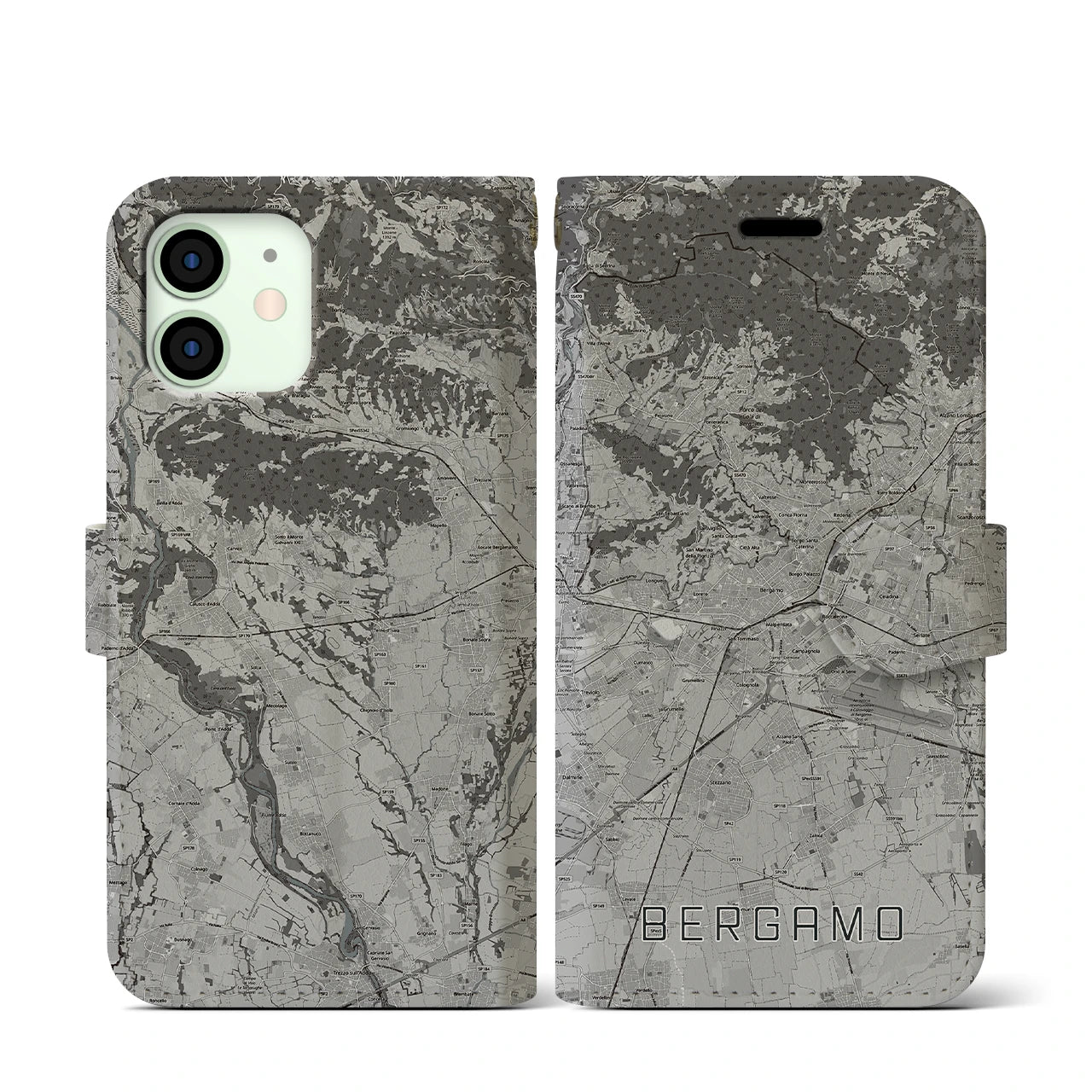 【ベルガモ(イタリア)】地図柄iPhoneケース(手帳タイプ)モノトーン・iPhone 12 mini 用