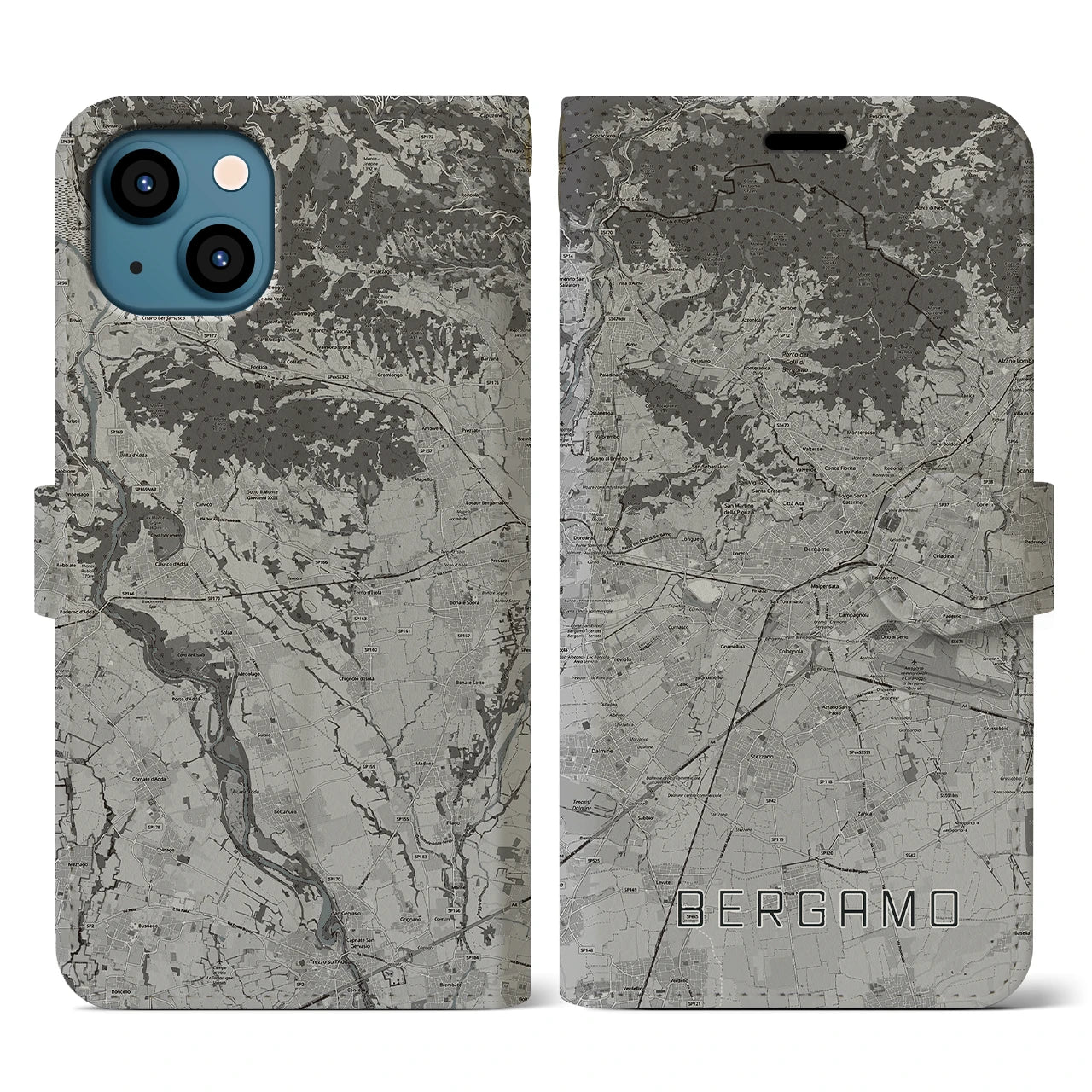 【ベルガモ(イタリア)】地図柄iPhoneケース(手帳タイプ)モノトーン・iPhone 13 用