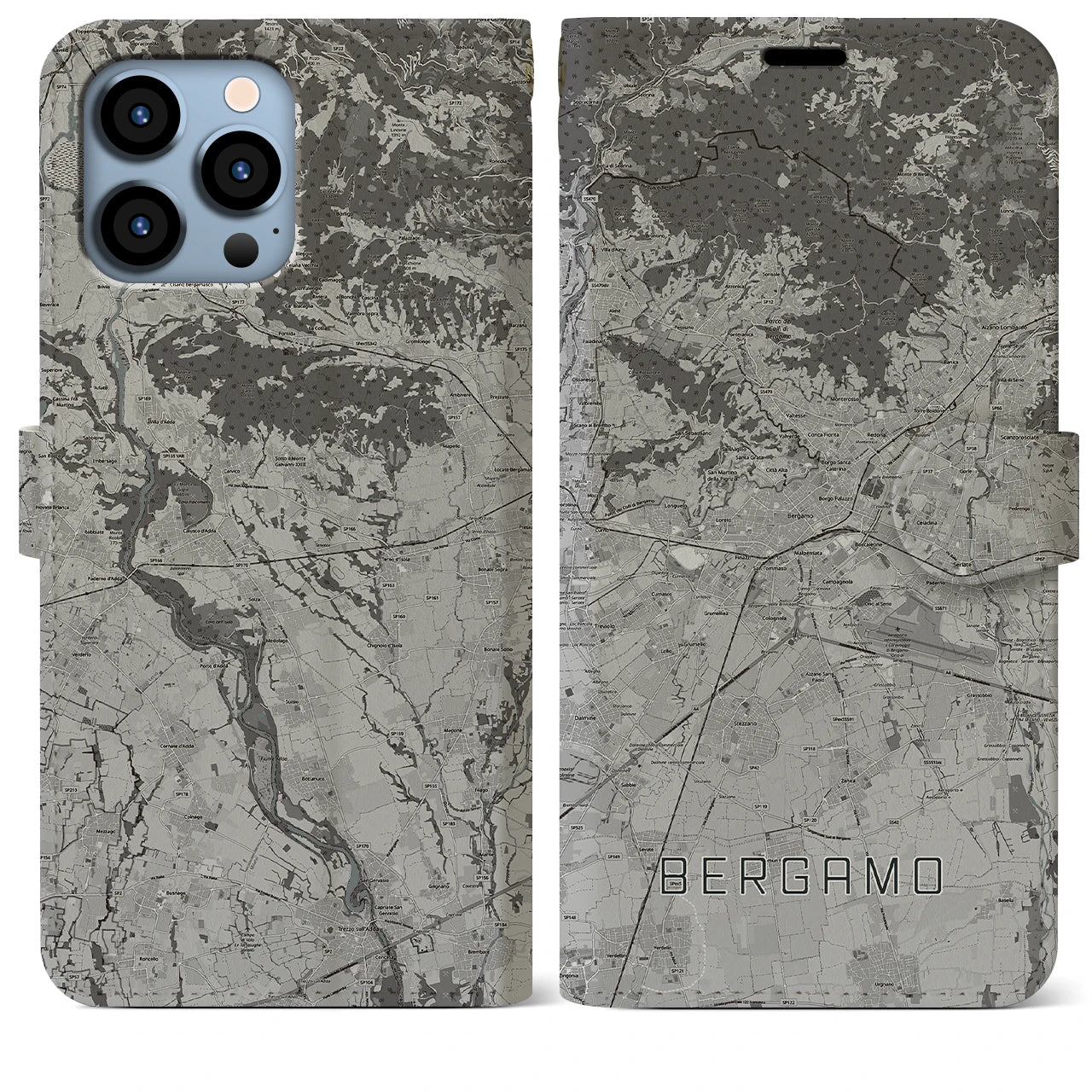 【ベルガモ(イタリア)】地図柄iPhoneケース(手帳タイプ)モノトーン・iPhone 13 Pro Max 用