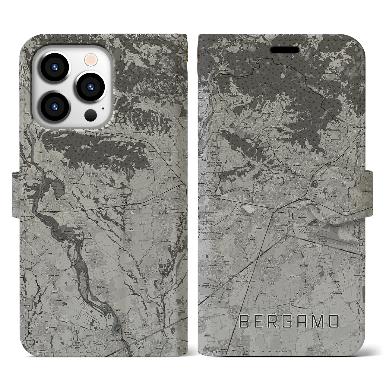 【ベルガモ(イタリア)】地図柄iPhoneケース(手帳タイプ)モノトーン・iPhone 13 Pro 用