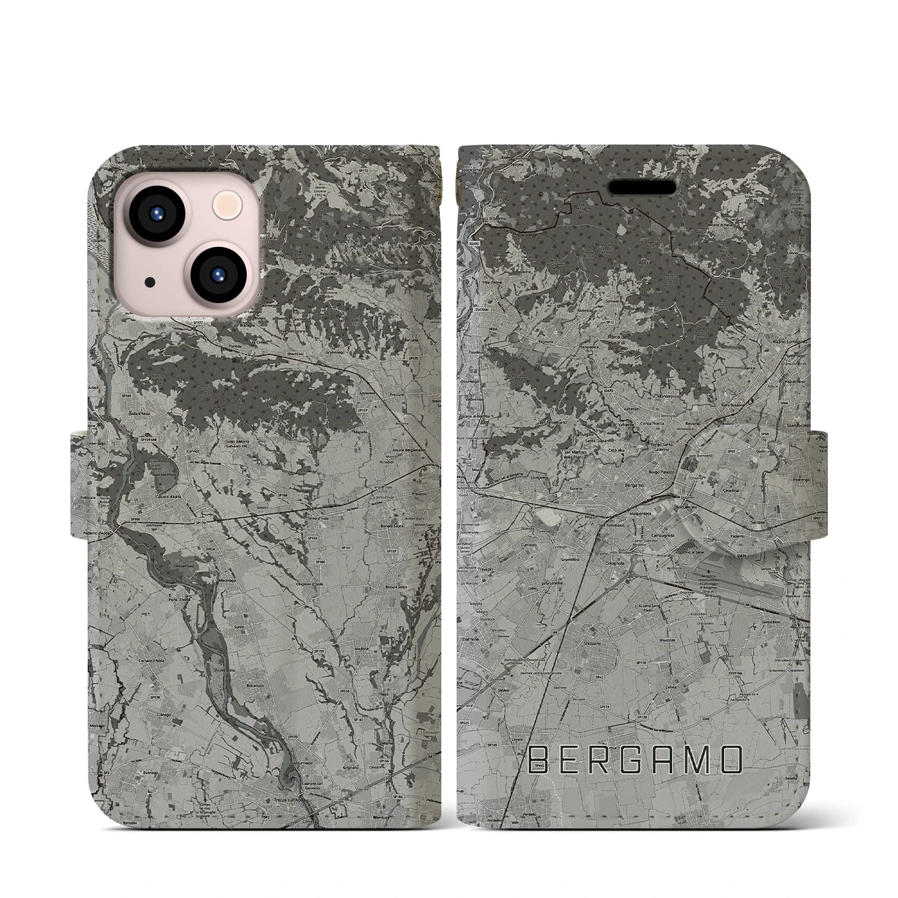 【ベルガモ(イタリア)】地図柄iPhoneケース(手帳タイプ)モノトーン・iPhone 13 mini 用