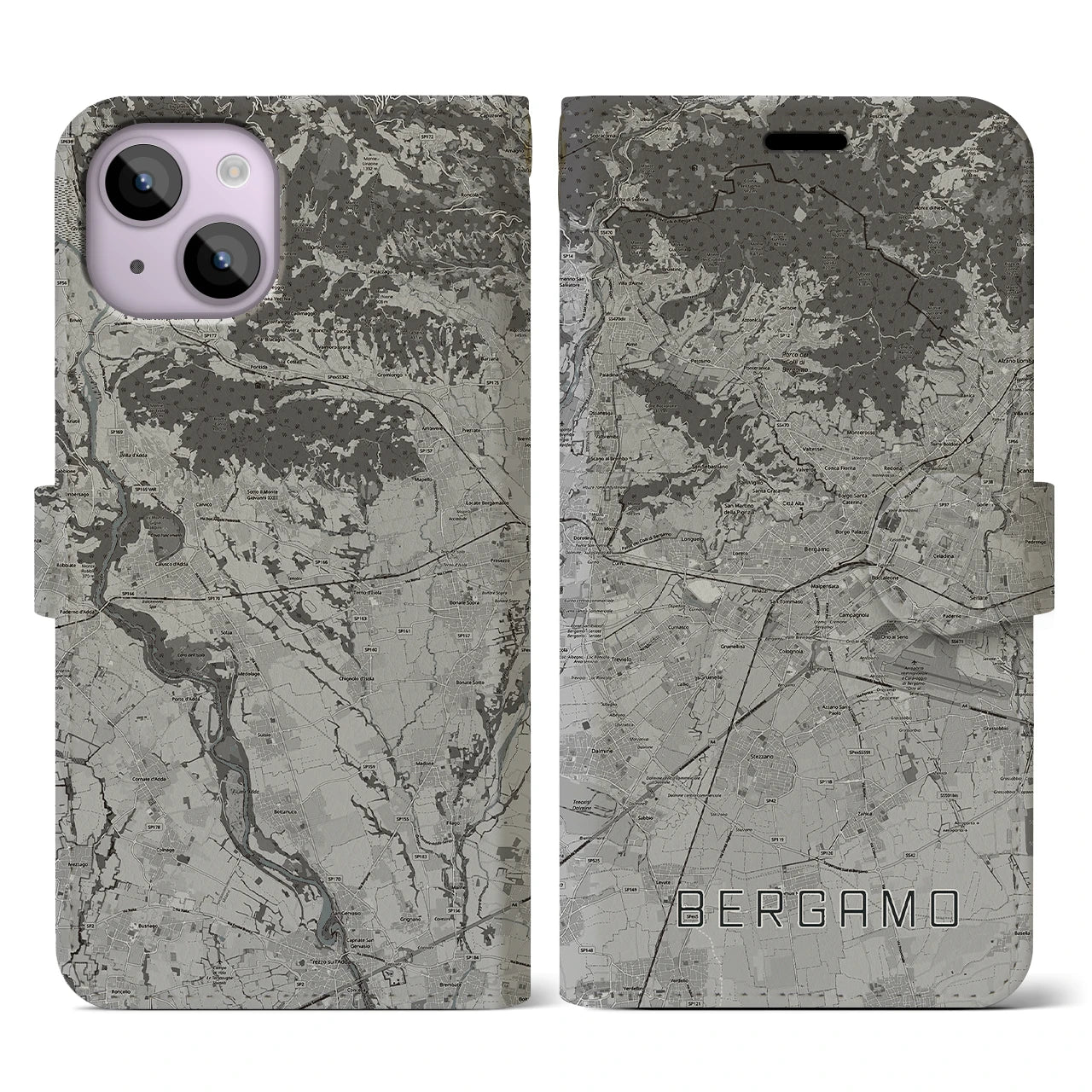 【ベルガモ(イタリア)】地図柄iPhoneケース(手帳タイプ)モノトーン・iPhone 14 用