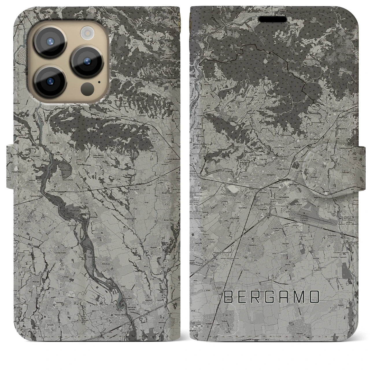【ベルガモ(イタリア)】地図柄iPhoneケース(手帳タイプ)モノトーン・iPhone 14 Pro Max 用