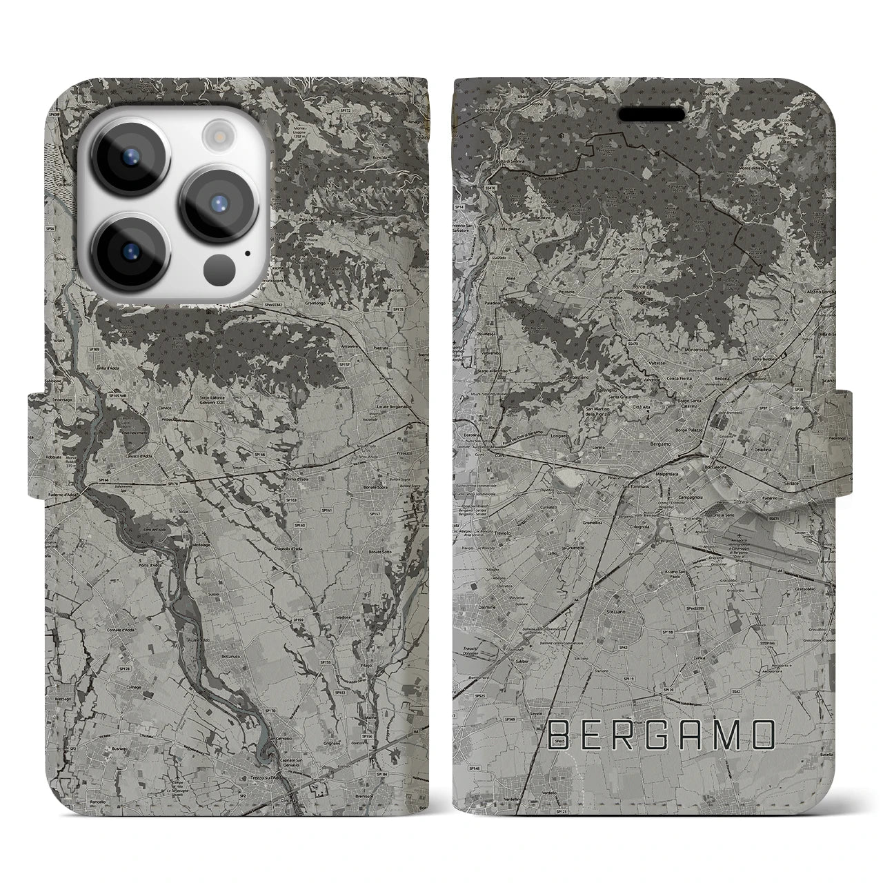 【ベルガモ(イタリア)】地図柄iPhoneケース(手帳タイプ)モノトーン・iPhone 14 Pro 用