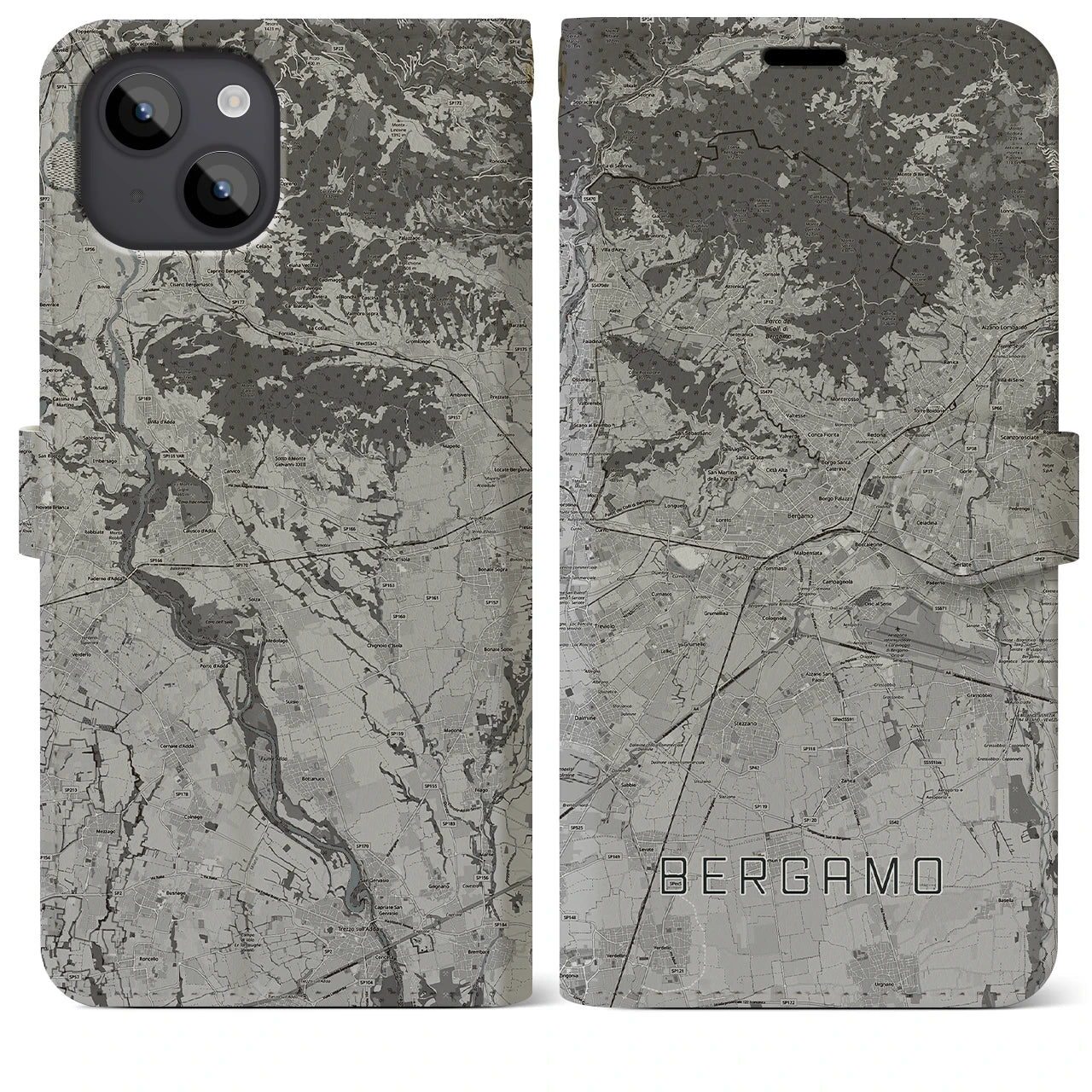 【ベルガモ(イタリア)】地図柄iPhoneケース(手帳タイプ)モノトーン・iPhone 14 Plus 用