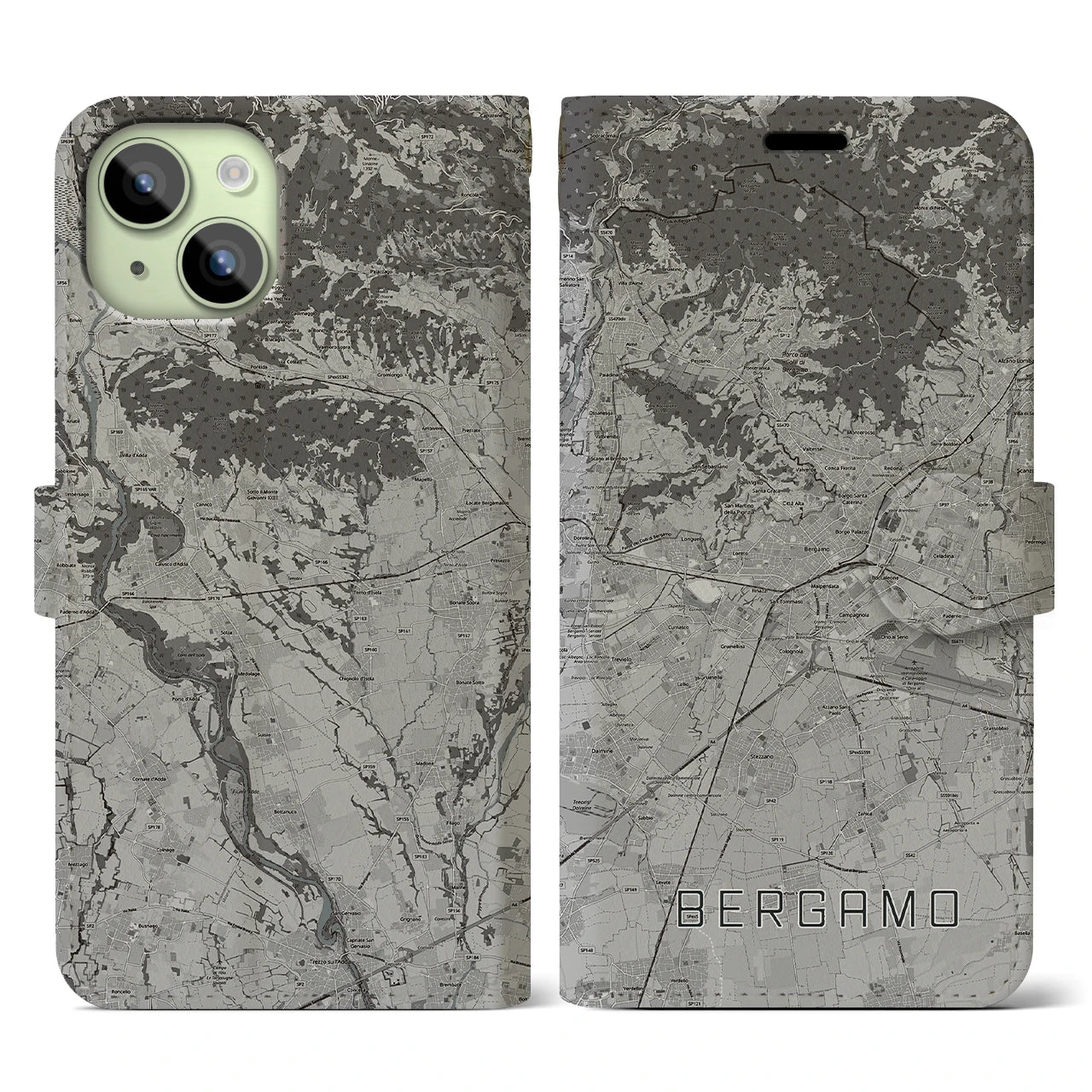 【ベルガモ(イタリア)】地図柄iPhoneケース(手帳タイプ)モノトーン・iPhone 15 用