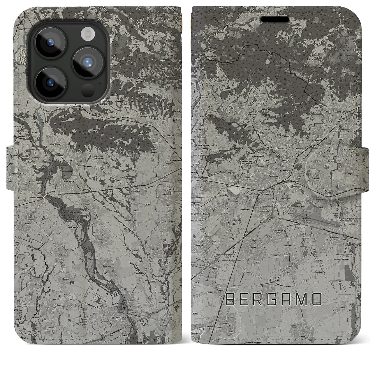 【ベルガモ(イタリア)】地図柄iPhoneケース(手帳タイプ)モノトーン・iPhone 15 Pro Max 用