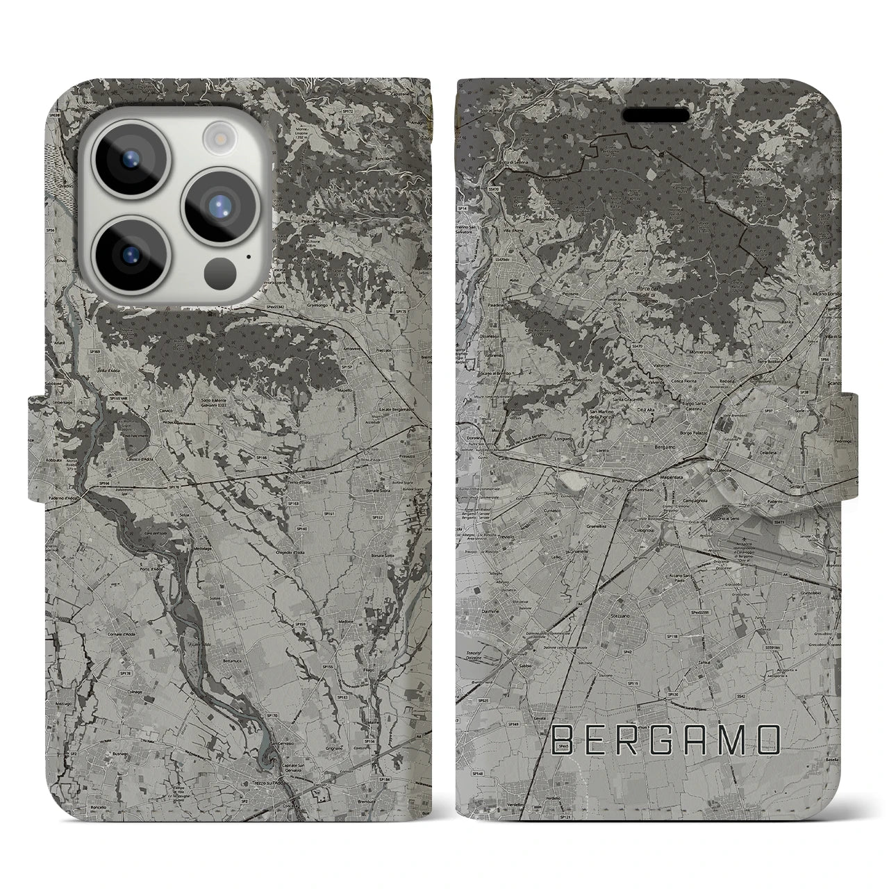 【ベルガモ(イタリア)】地図柄iPhoneケース(手帳タイプ)モノトーン・iPhone 15 Pro 用