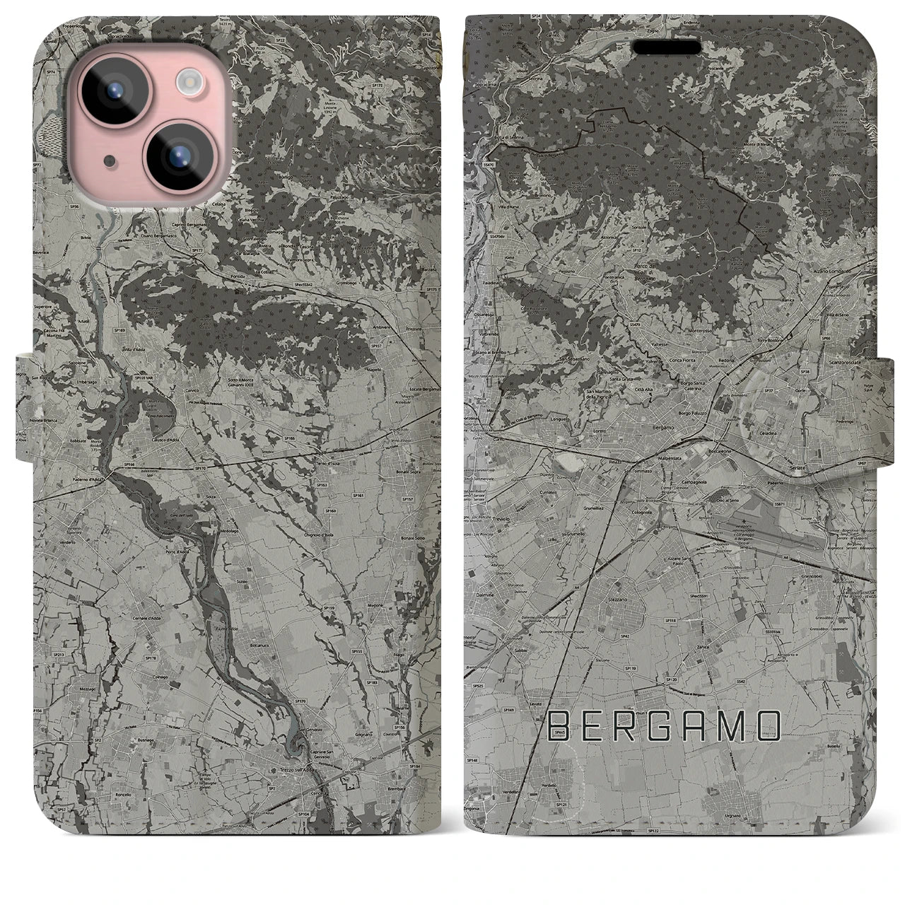 【ベルガモ(イタリア)】地図柄iPhoneケース(手帳タイプ)モノトーン・iPhone 15 Plus 用