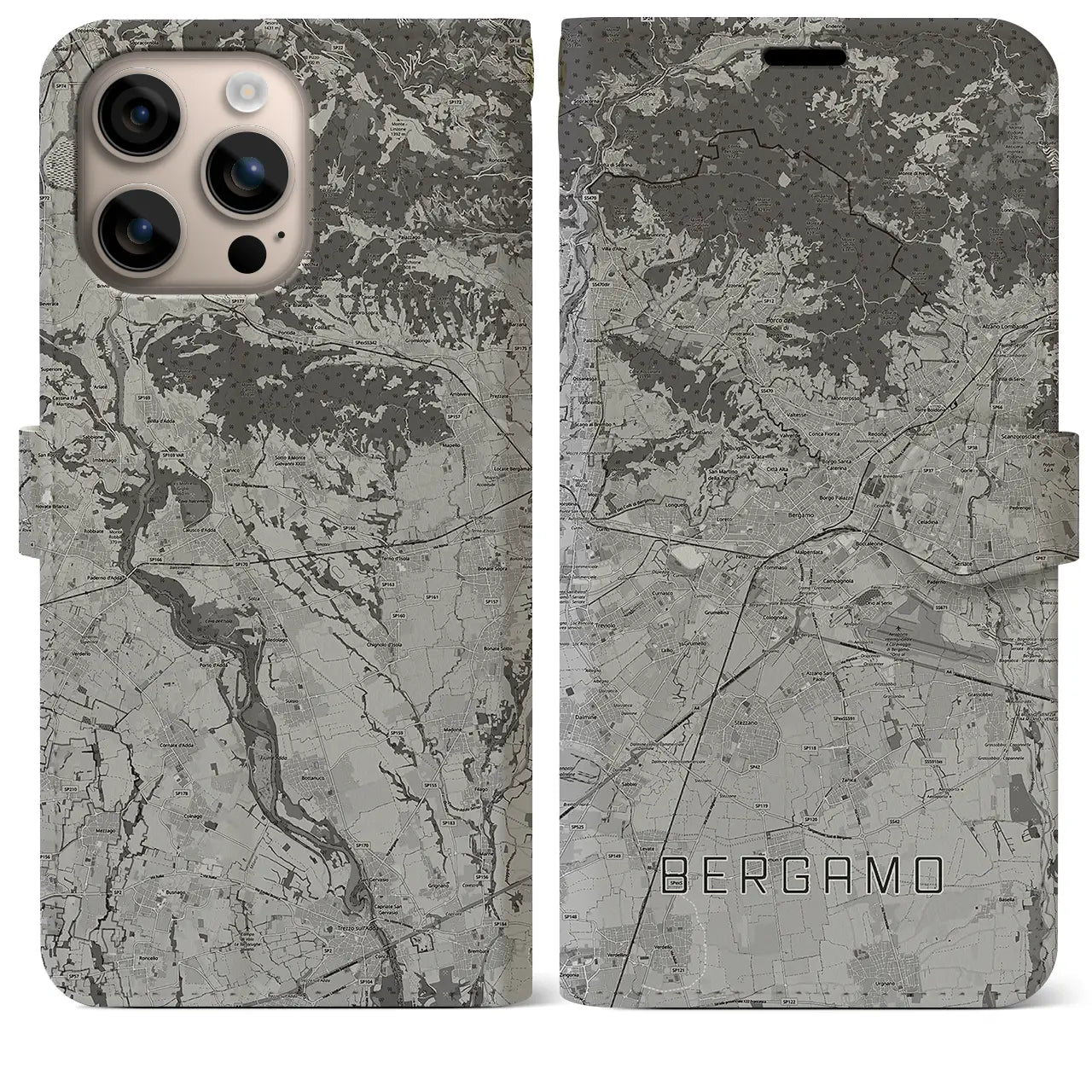 【ベルガモ(イタリア)】地図柄iPhoneケース(手帳タイプ)モノトーン・iPhone 16 Plus 用