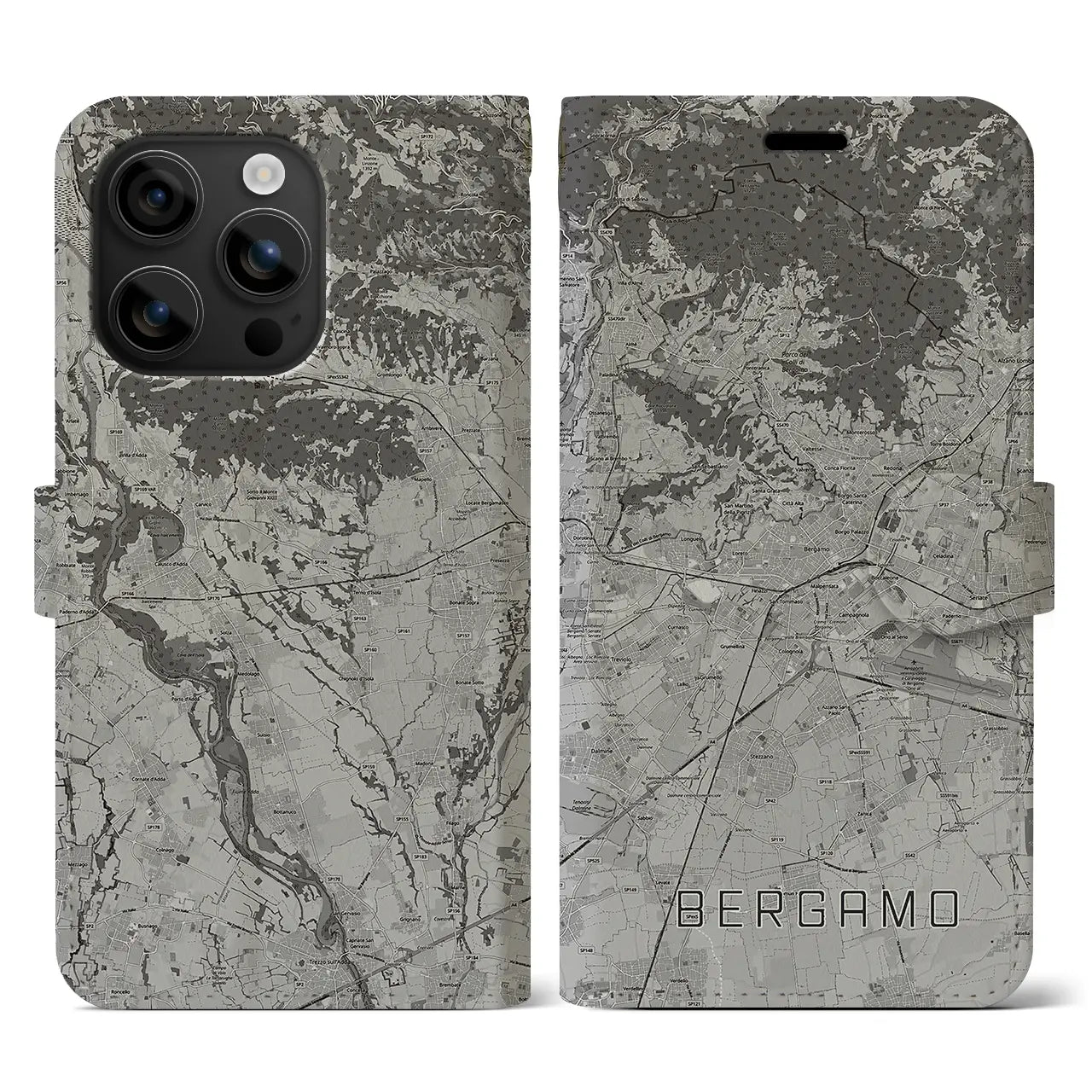 【ベルガモ(イタリア)】地図柄iPhoneケース(手帳タイプ)モノトーン・iPhone 16 用