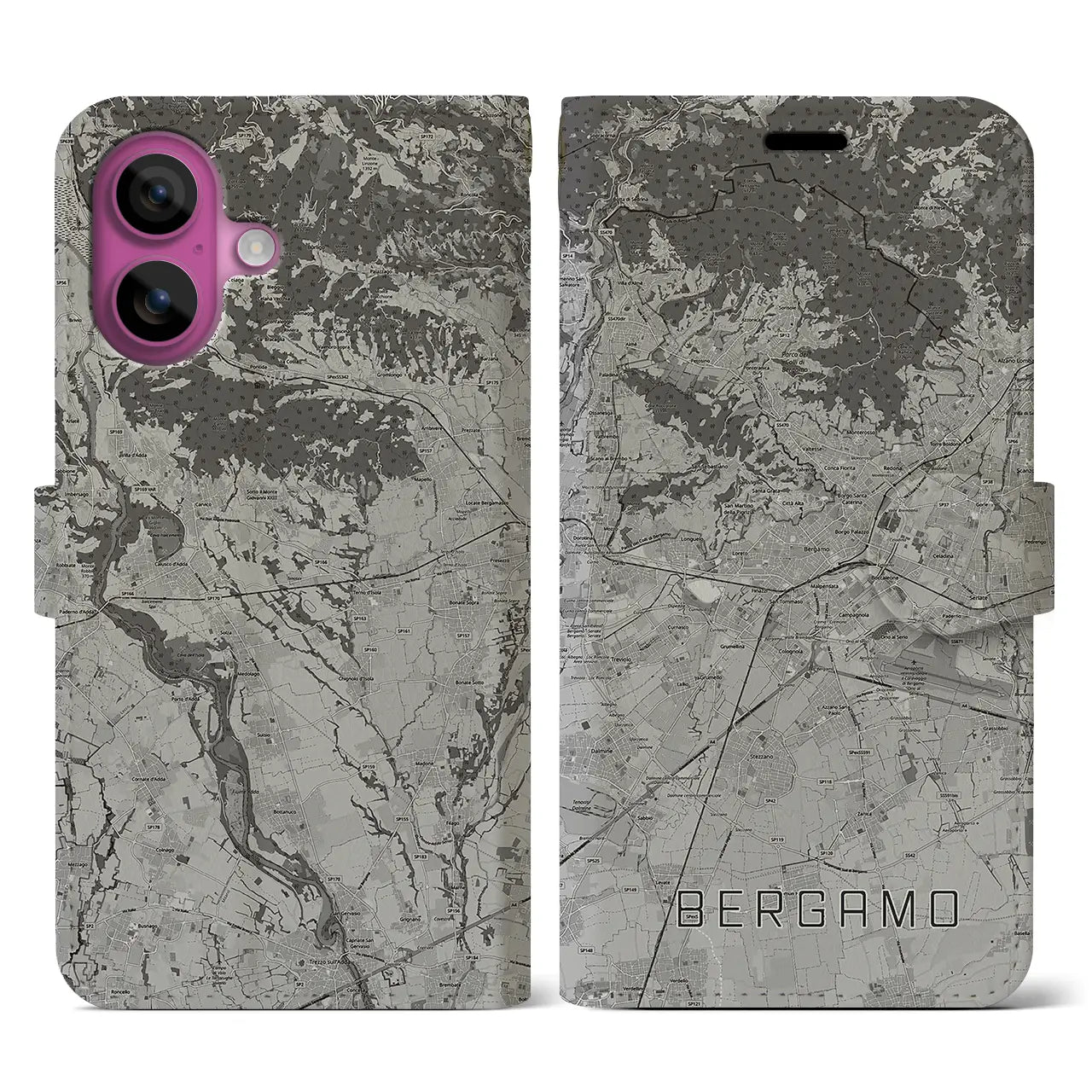 【ベルガモ(イタリア)】地図柄iPhoneケース(手帳タイプ)モノトーン・iPhone 16 Pro 用