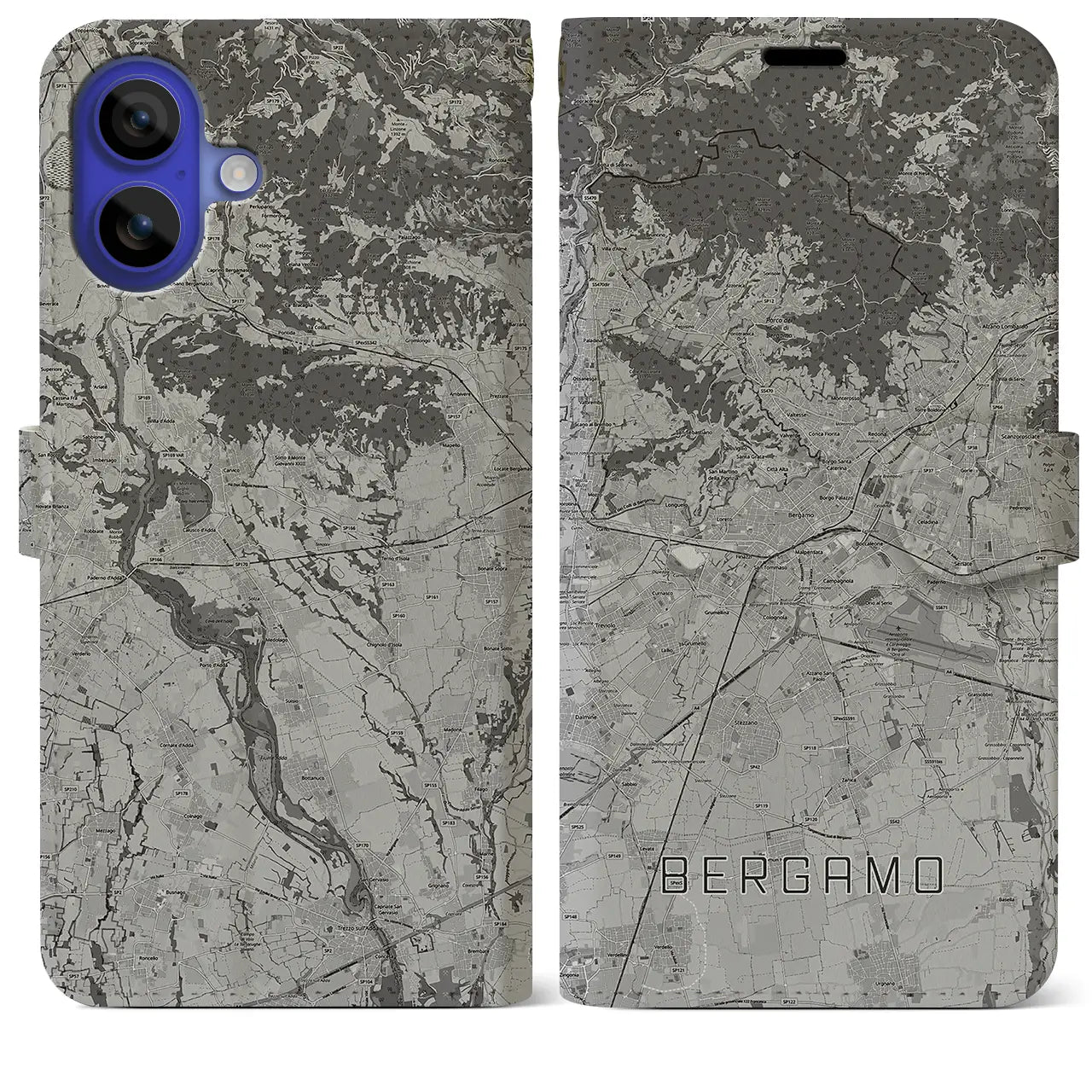 【ベルガモ(イタリア)】地図柄iPhoneケース(手帳タイプ)モノトーン・iPhone 16 Pro Max 用