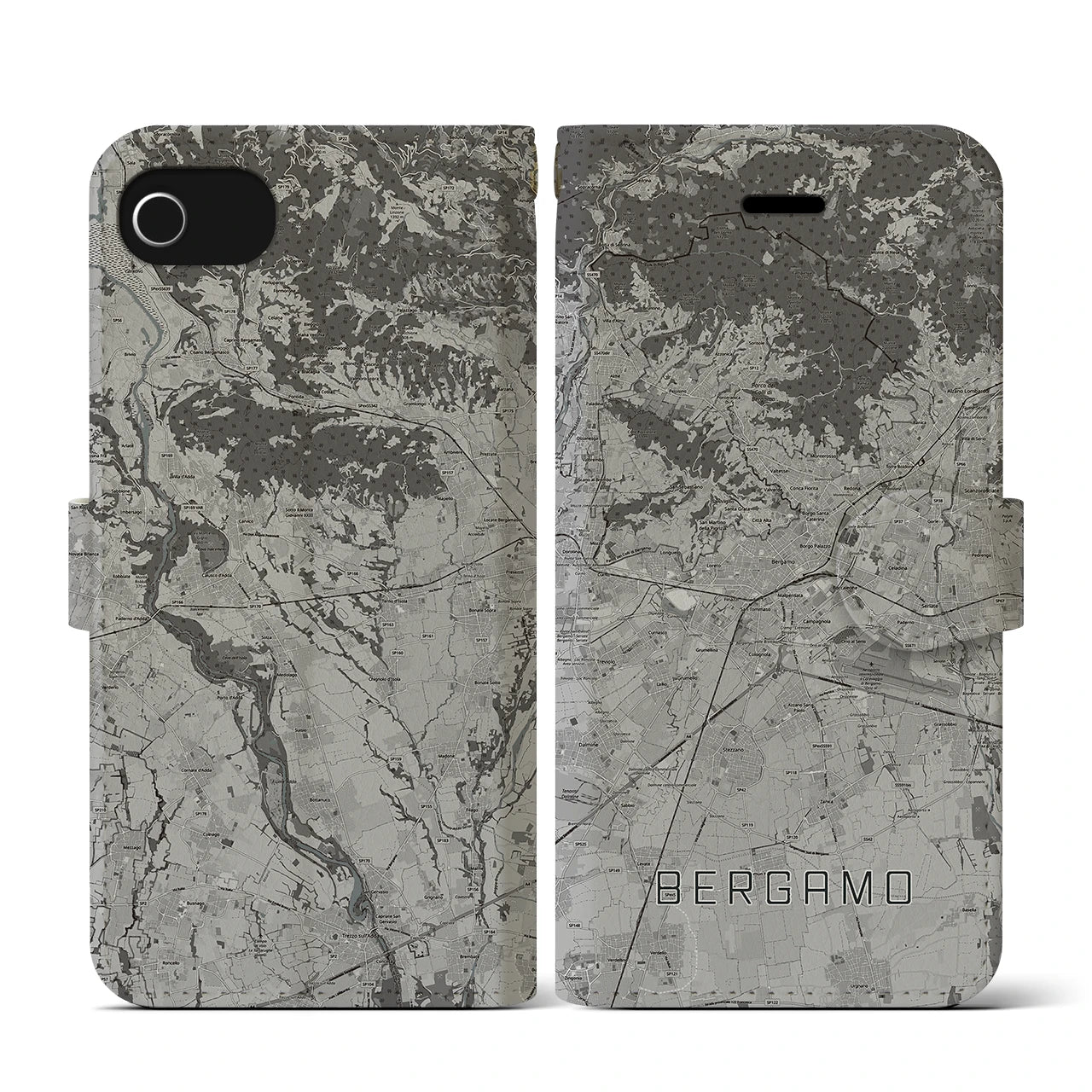 【ベルガモ(イタリア)】地図柄iPhoneケース(手帳タイプ)モノトーン・iPhone SE(第3 / 第2世代) / 8 / 7 / 6s / 6 用