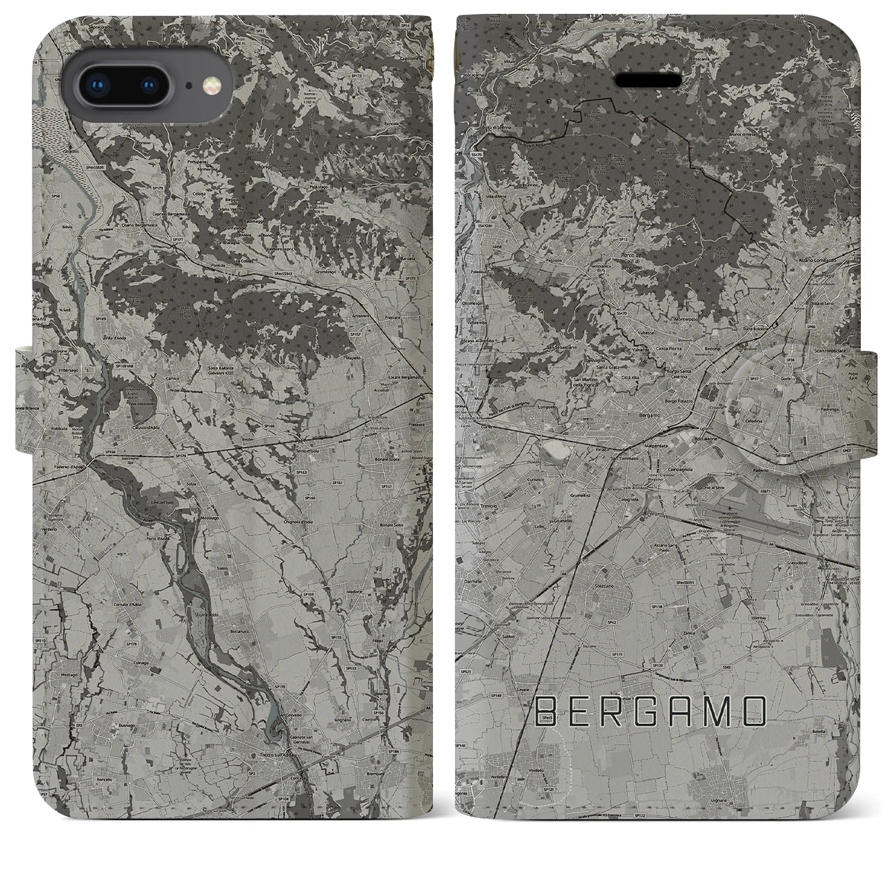 【ベルガモ(イタリア)】地図柄iPhoneケース(手帳タイプ)モノトーン・iPhone 8Plus /7Plus / 6sPlus / 6Plus 用