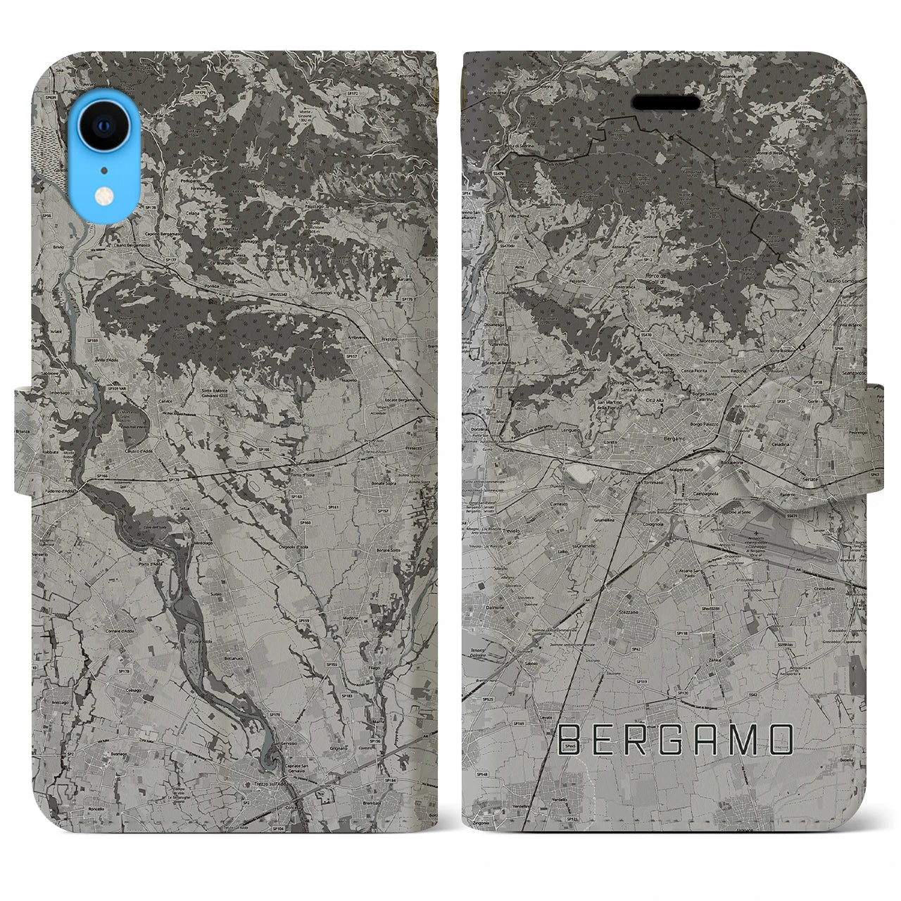 【ベルガモ(イタリア)】地図柄iPhoneケース(手帳タイプ)モノトーン・iPhone XR 用