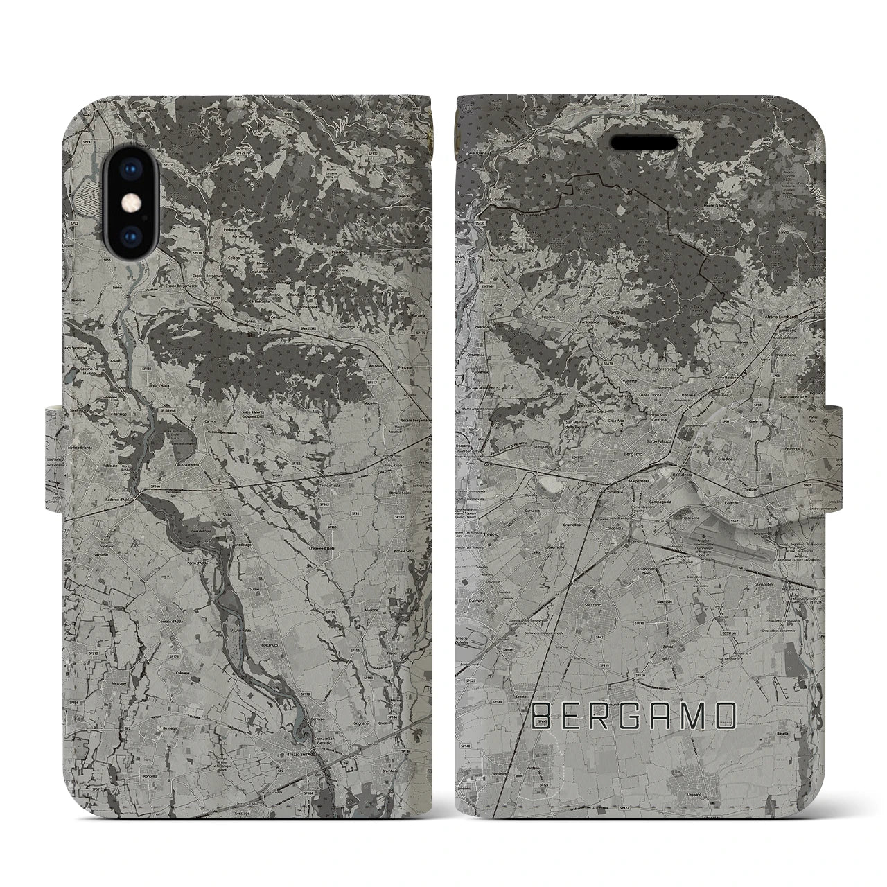【ベルガモ(イタリア)】地図柄iPhoneケース(手帳タイプ)モノトーン・iPhone XS / X 用