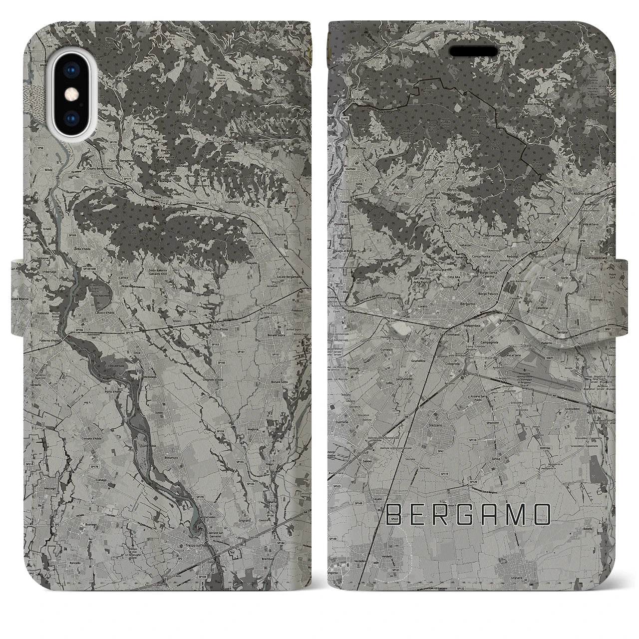 【ベルガモ(イタリア)】地図柄iPhoneケース(手帳タイプ)モノトーン・iPhone XS Max 用