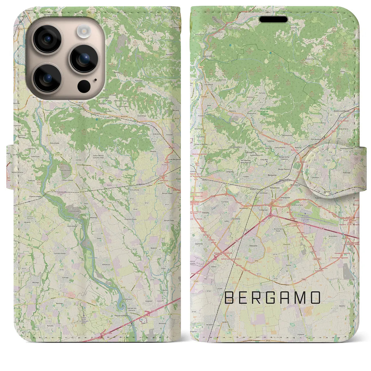 【ベルガモ(イタリア)】地図柄iPhoneケース(手帳タイプ)ナチュラル・iPhone 16 Plus 用