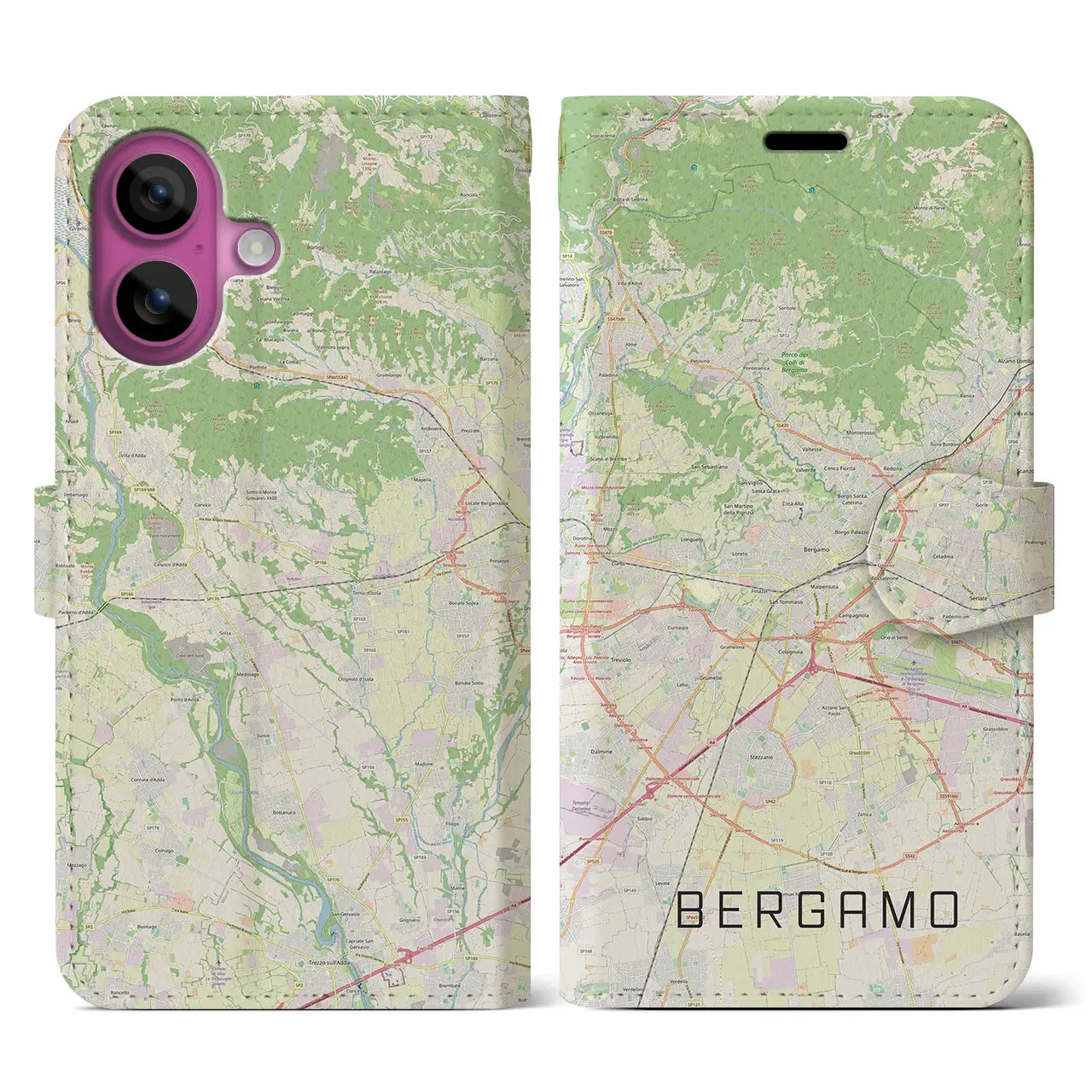 【ベルガモ(イタリア)】地図柄iPhoneケース(手帳タイプ)ナチュラル・iPhone 16 Pro 用