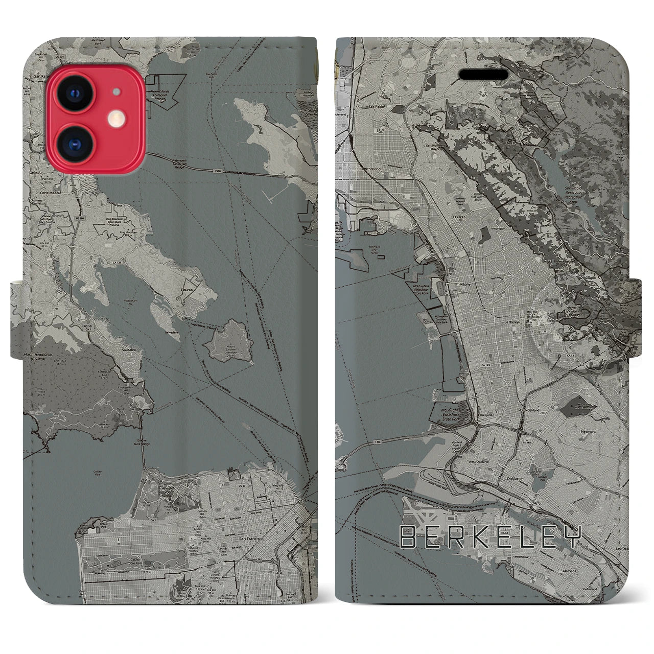 【バークレー(アメリカ)】地図柄iPhoneケース(手帳タイプ)モノトーン・iPhone 11 用