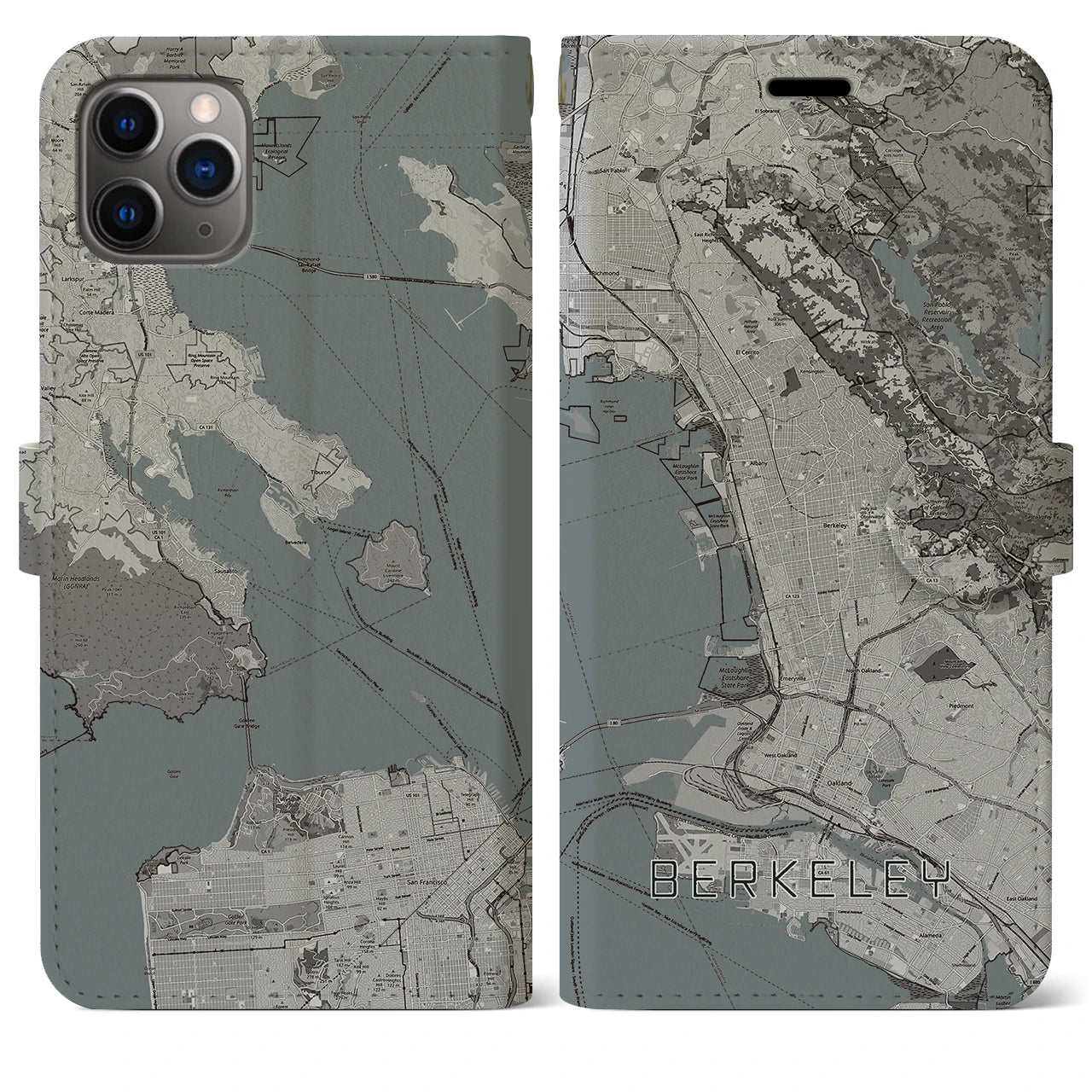 【バークレー(アメリカ)】地図柄iPhoneケース(手帳タイプ)モノトーン・iPhone 11 Pro Max 用