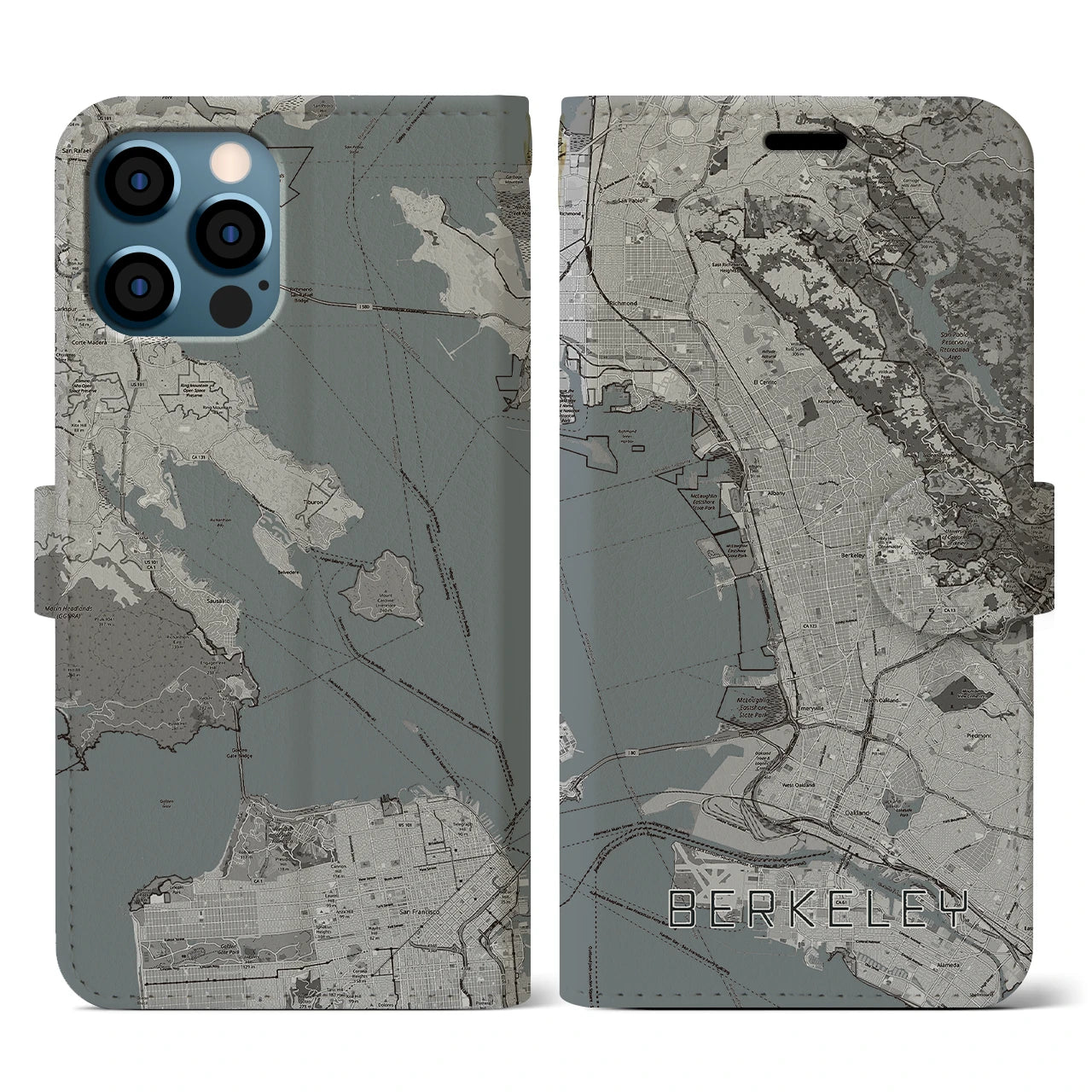 【バークレー(アメリカ)】地図柄iPhoneケース(手帳タイプ)モノトーン・iPhone 12 / 12 Pro 用