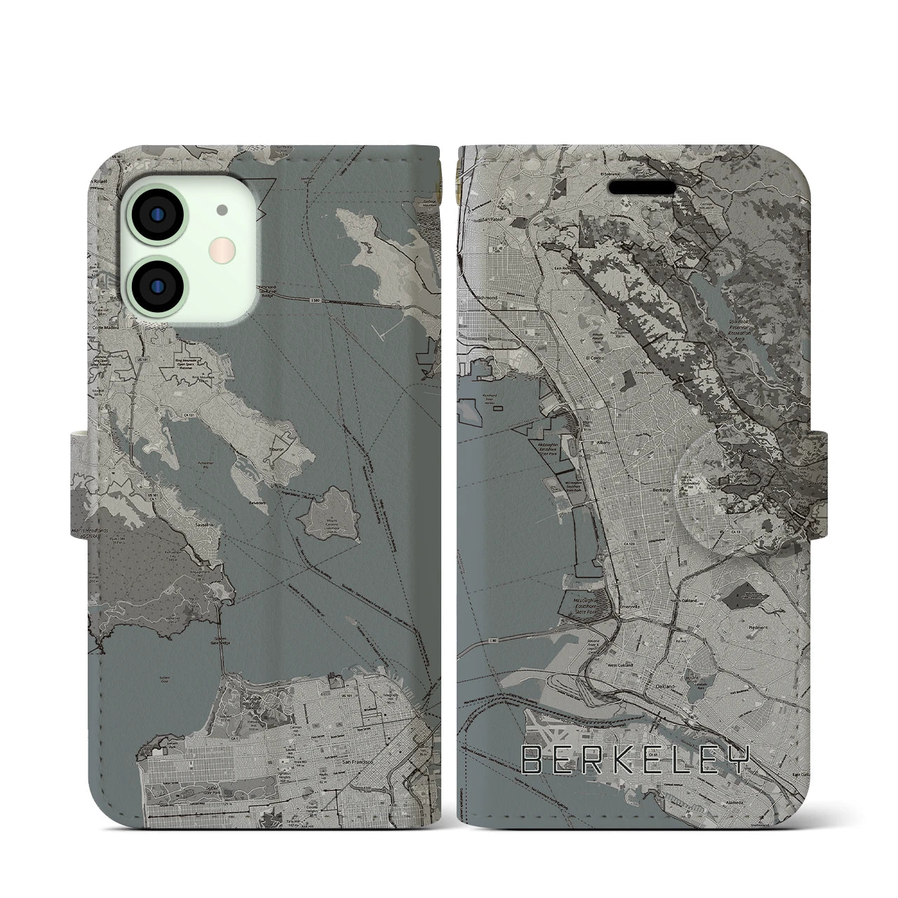 【バークレー(アメリカ)】地図柄iPhoneケース(手帳タイプ)モノトーン・iPhone 12 mini 用