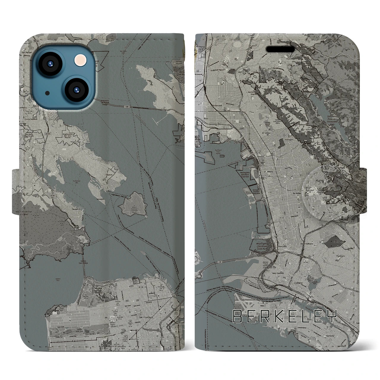 【バークレー(アメリカ)】地図柄iPhoneケース(手帳タイプ)モノトーン・iPhone 13 用