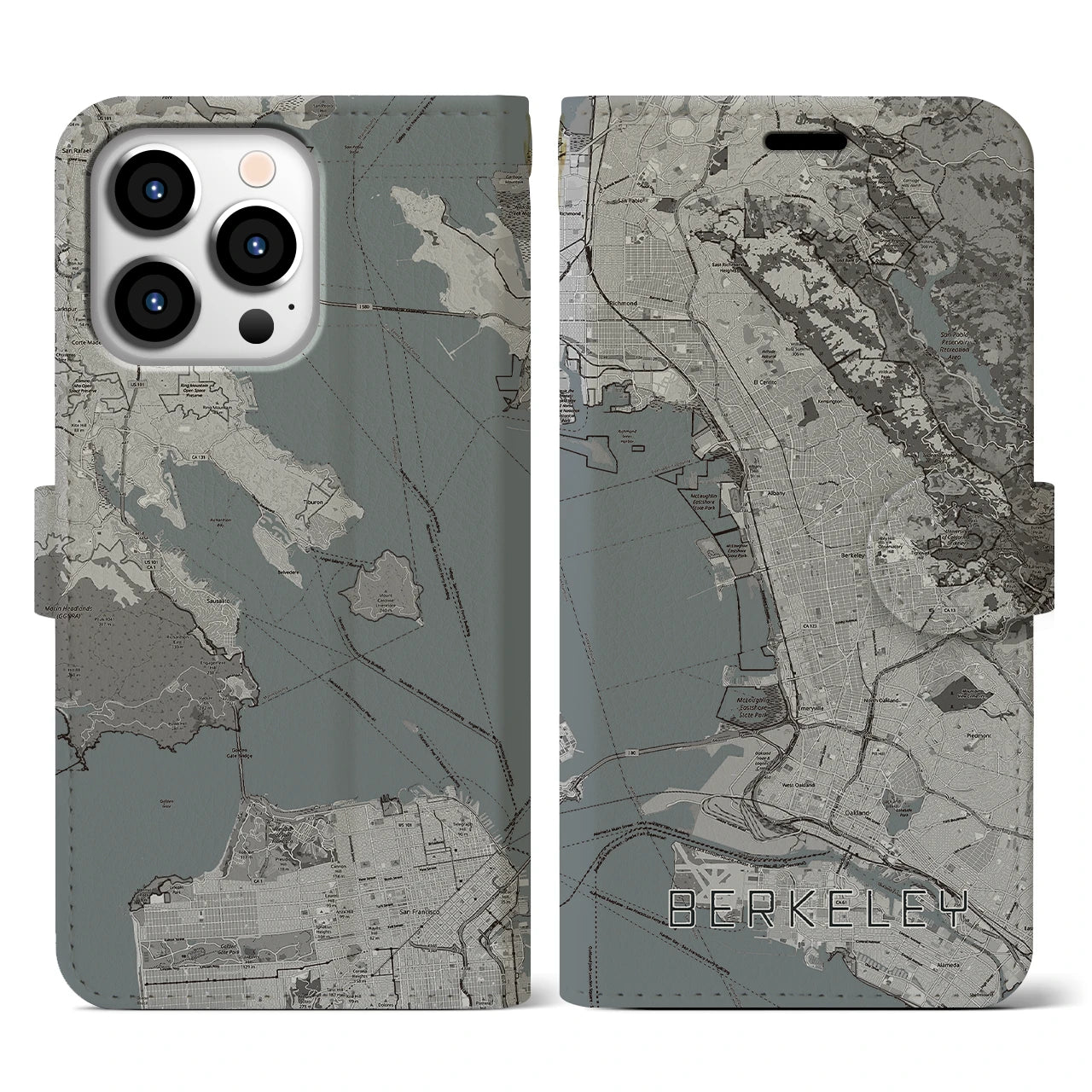 【バークレー(アメリカ)】地図柄iPhoneケース(手帳タイプ)モノトーン・iPhone 13 Pro 用