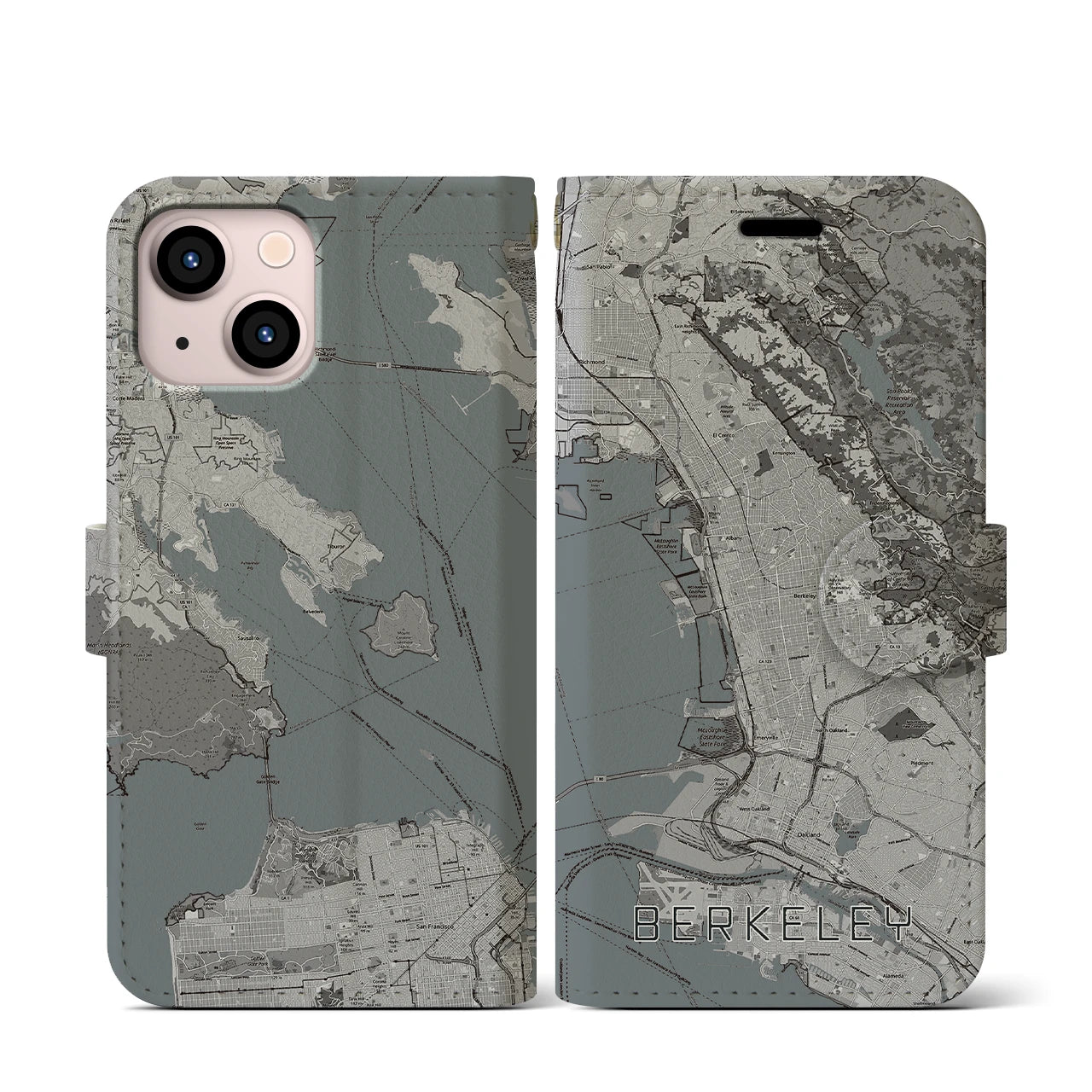 【バークレー(アメリカ)】地図柄iPhoneケース(手帳タイプ)モノトーン・iPhone 13 mini 用