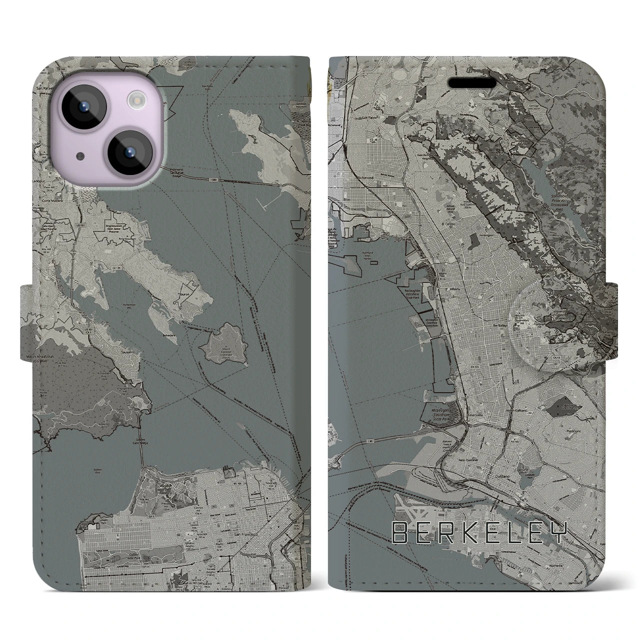 【バークレー(アメリカ)】地図柄iPhoneケース(手帳タイプ)モノトーン・iPhone 14 用