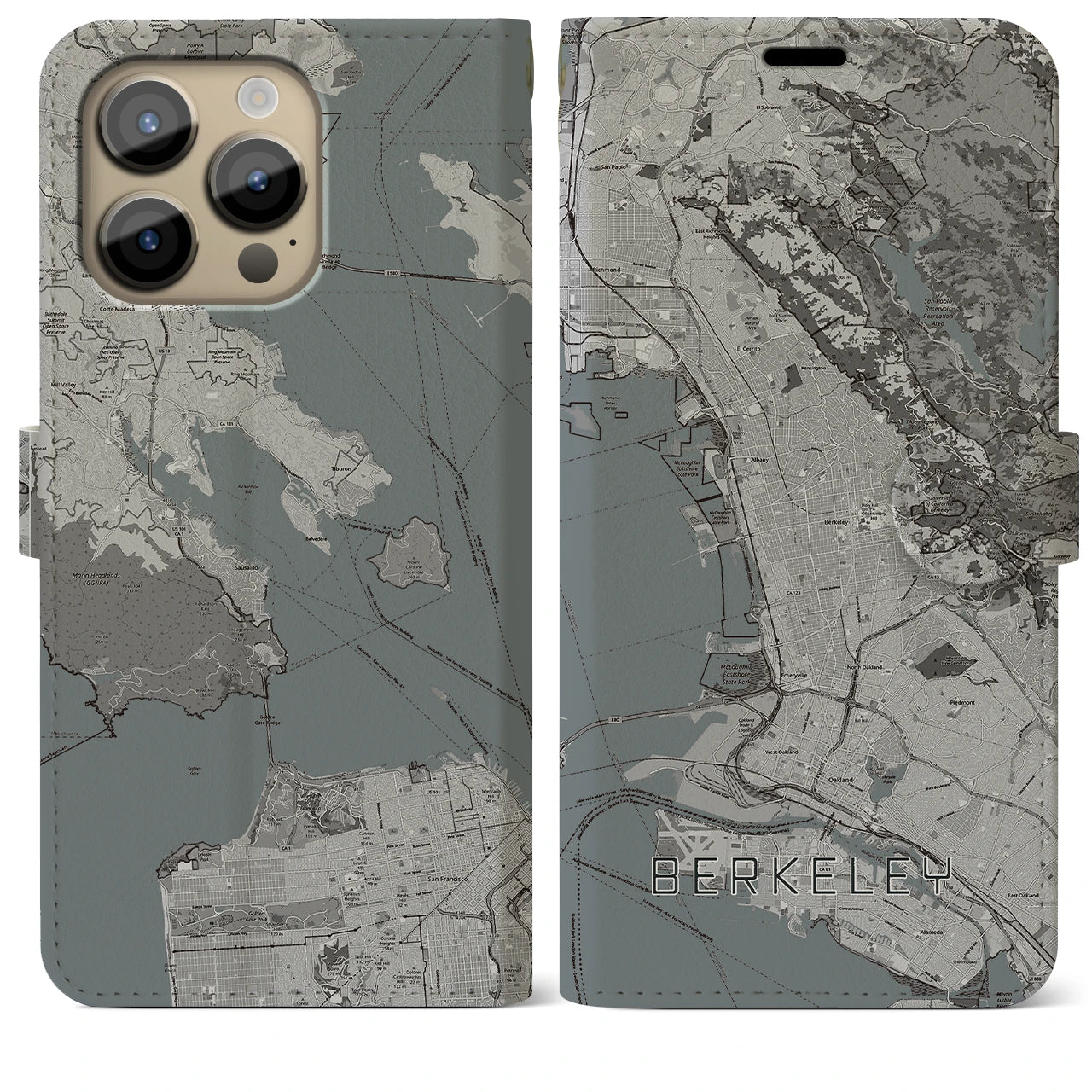 【バークレー(アメリカ)】地図柄iPhoneケース(手帳タイプ)モノトーン・iPhone 14 Pro Max 用