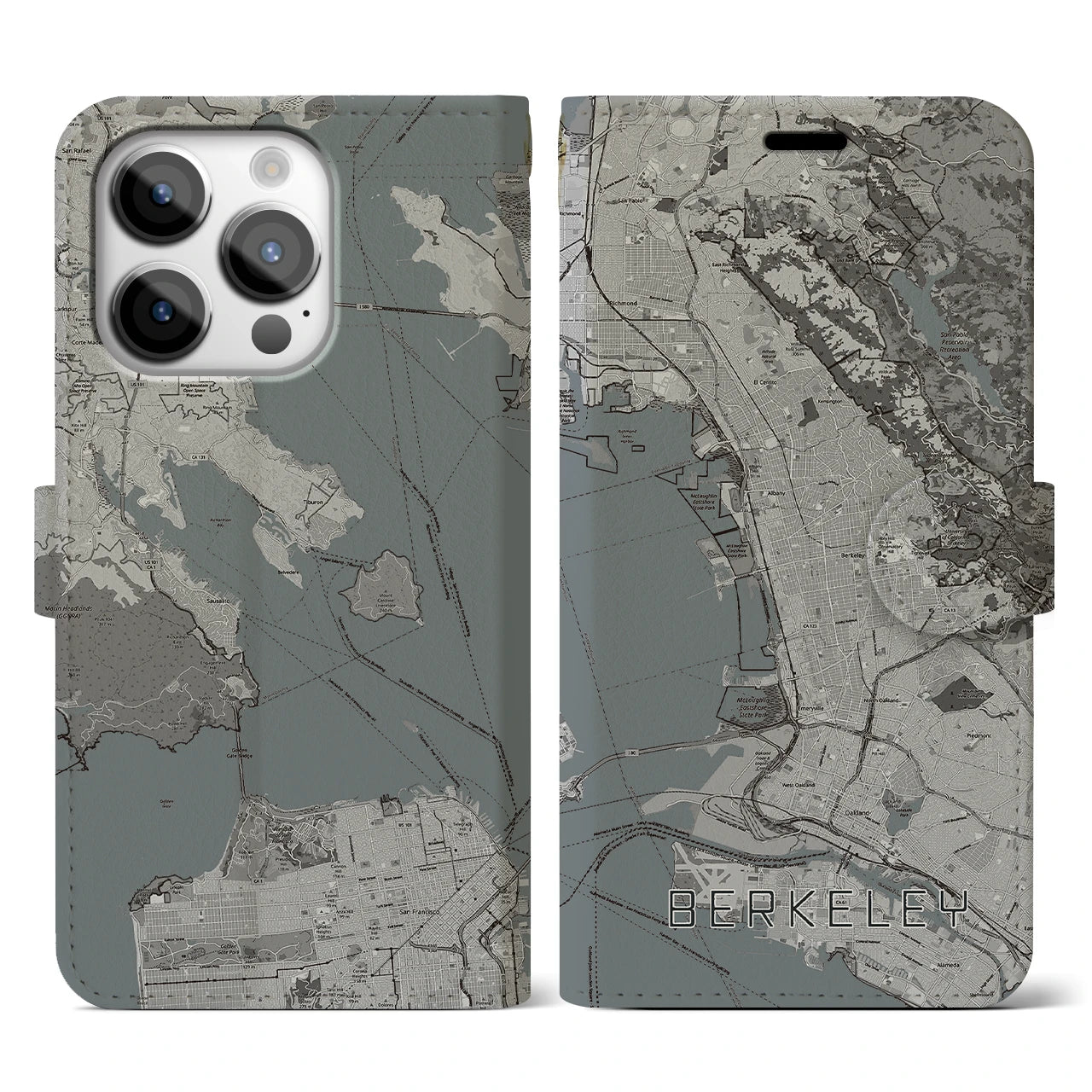 【バークレー(アメリカ)】地図柄iPhoneケース(手帳タイプ)モノトーン・iPhone 14 Pro 用