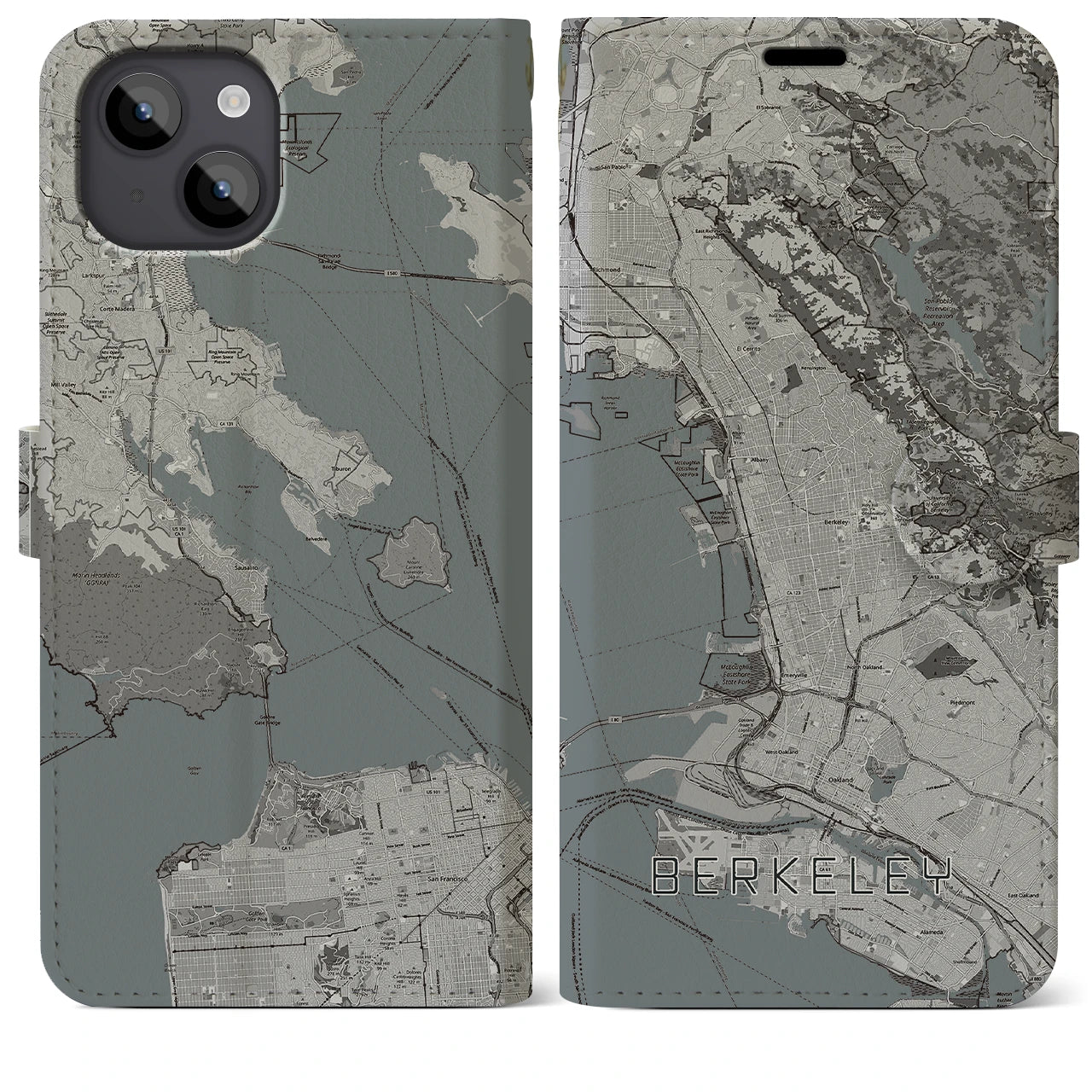 【バークレー(アメリカ)】地図柄iPhoneケース(手帳タイプ)モノトーン・iPhone 14 Plus 用