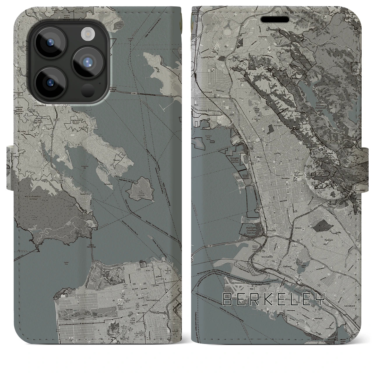 【バークレー(アメリカ)】地図柄iPhoneケース(手帳タイプ)モノトーン・iPhone 15 Pro Max 用