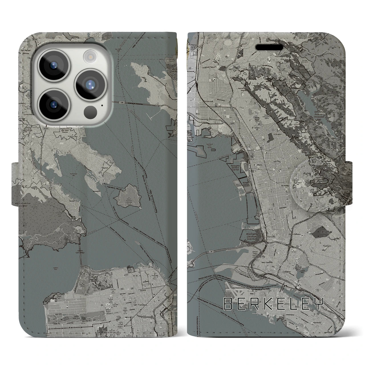 【バークレー(アメリカ)】地図柄iPhoneケース(手帳タイプ)モノトーン・iPhone 15 Pro 用