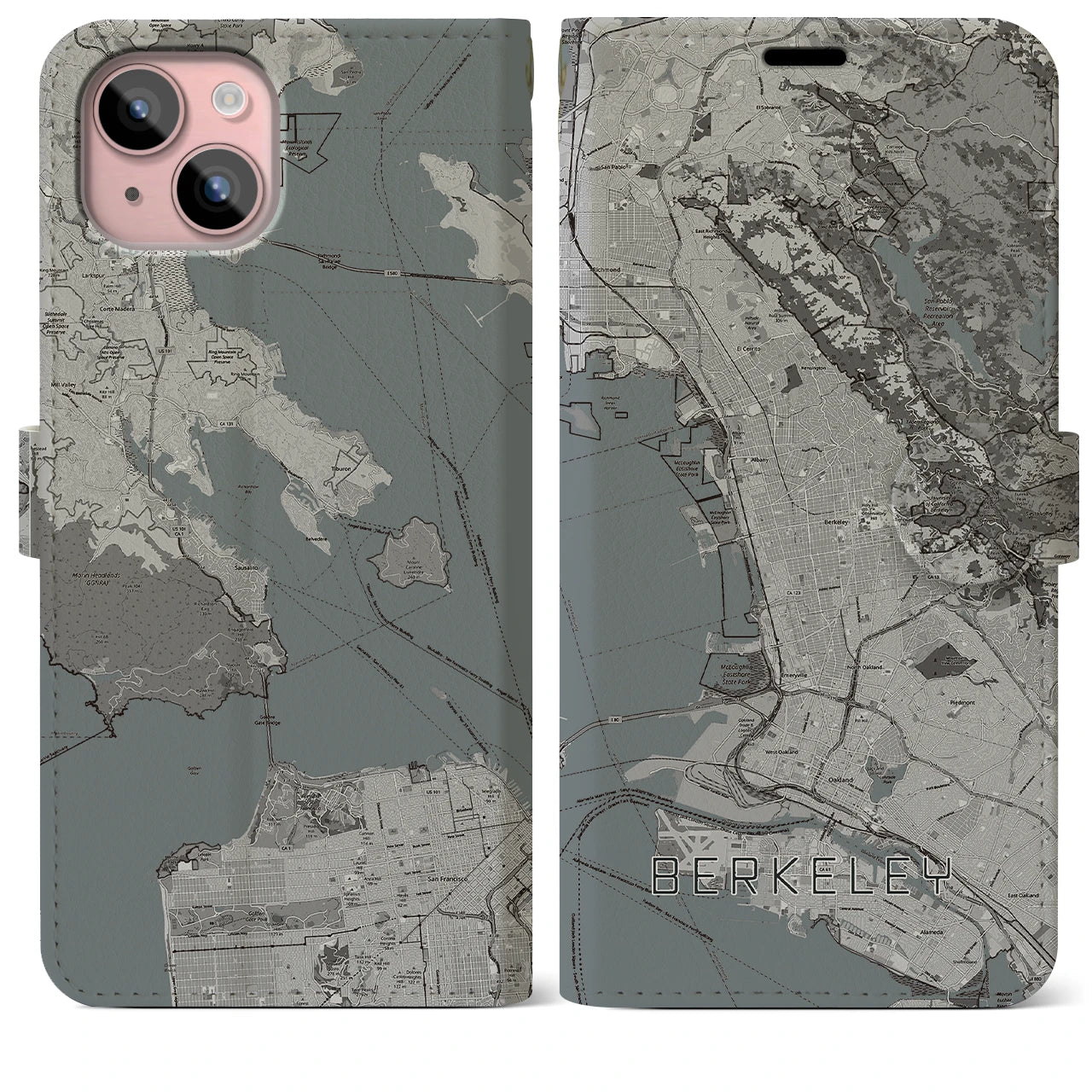 【バークレー(アメリカ)】地図柄iPhoneケース(手帳タイプ)モノトーン・iPhone 15 Plus 用