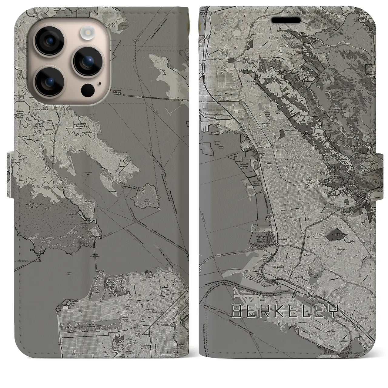 【バークレー(アメリカ)】地図柄iPhoneケース(手帳タイプ)モノトーン・iPhone 16 Plus 用
