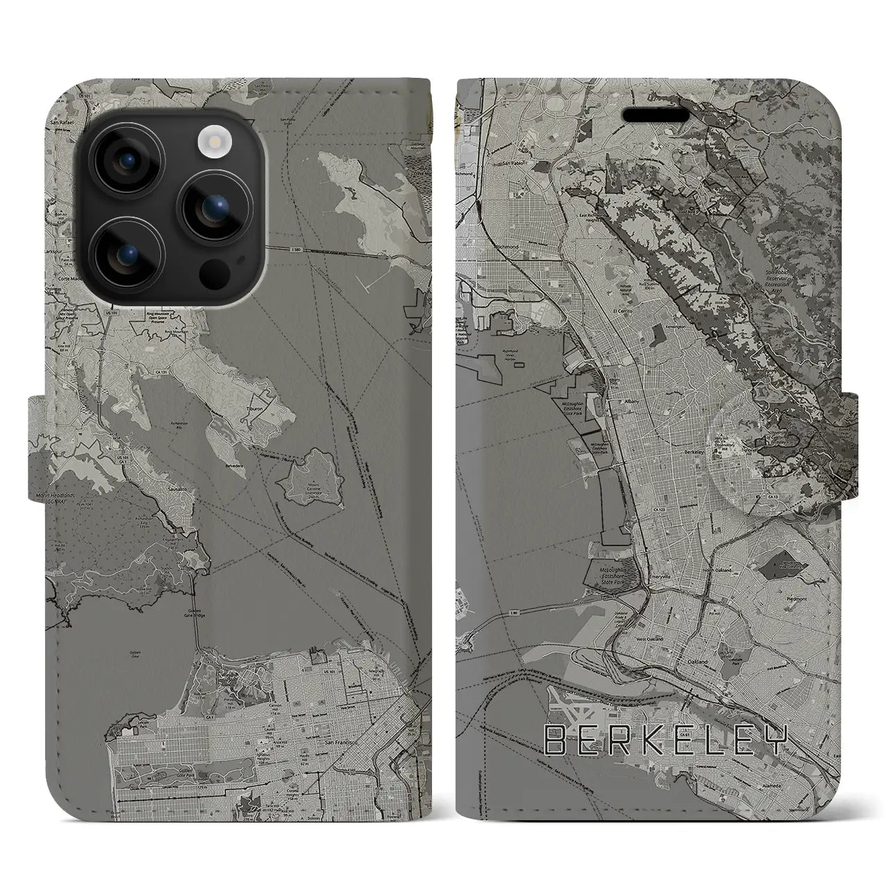 【バークレー(アメリカ)】地図柄iPhoneケース(手帳タイプ)モノトーン・iPhone 16 用