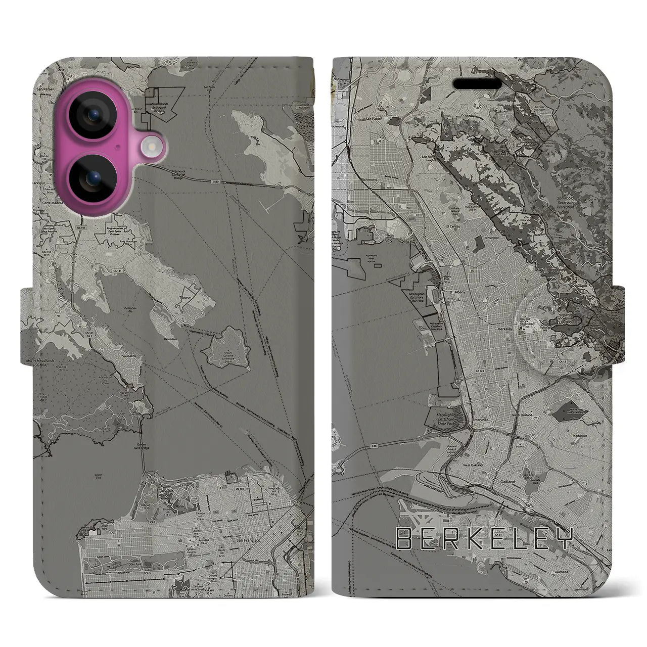 【バークレー(アメリカ)】地図柄iPhoneケース(手帳タイプ)モノトーン・iPhone 16 Pro 用