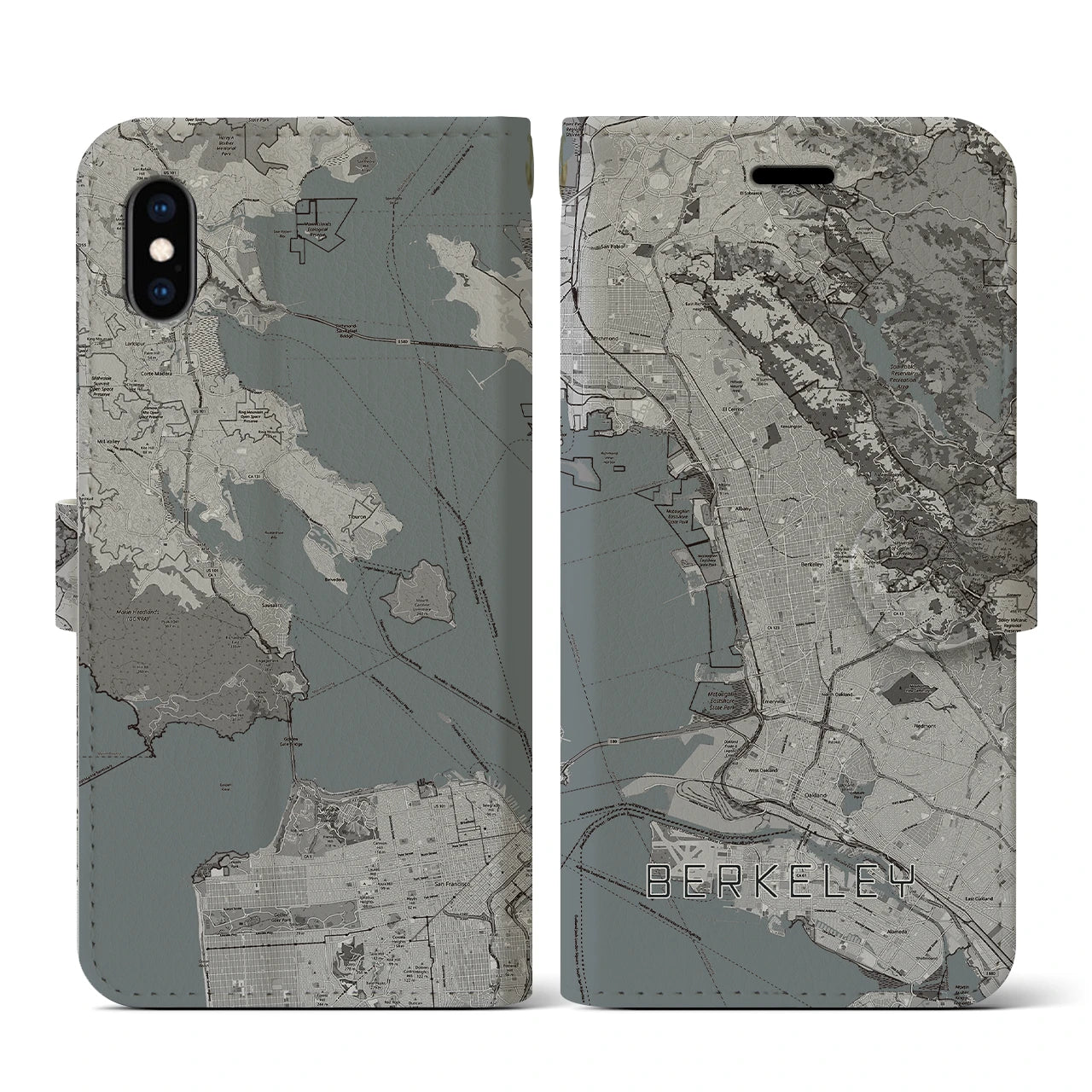 【バークレー(アメリカ)】地図柄iPhoneケース(手帳タイプ)モノトーン・iPhone XS / X 用