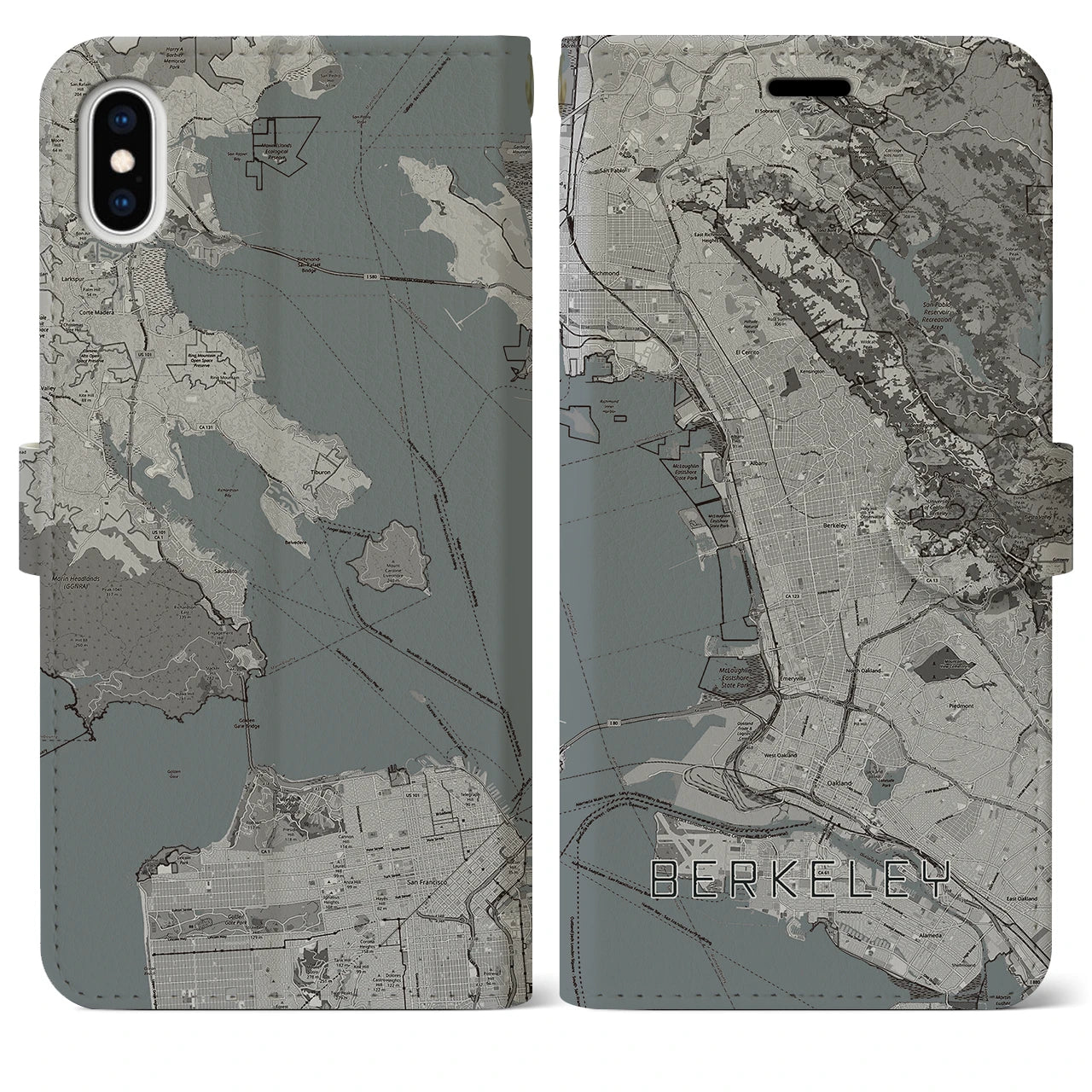 【バークレー(アメリカ)】地図柄iPhoneケース(手帳タイプ)モノトーン・iPhone XS Max 用